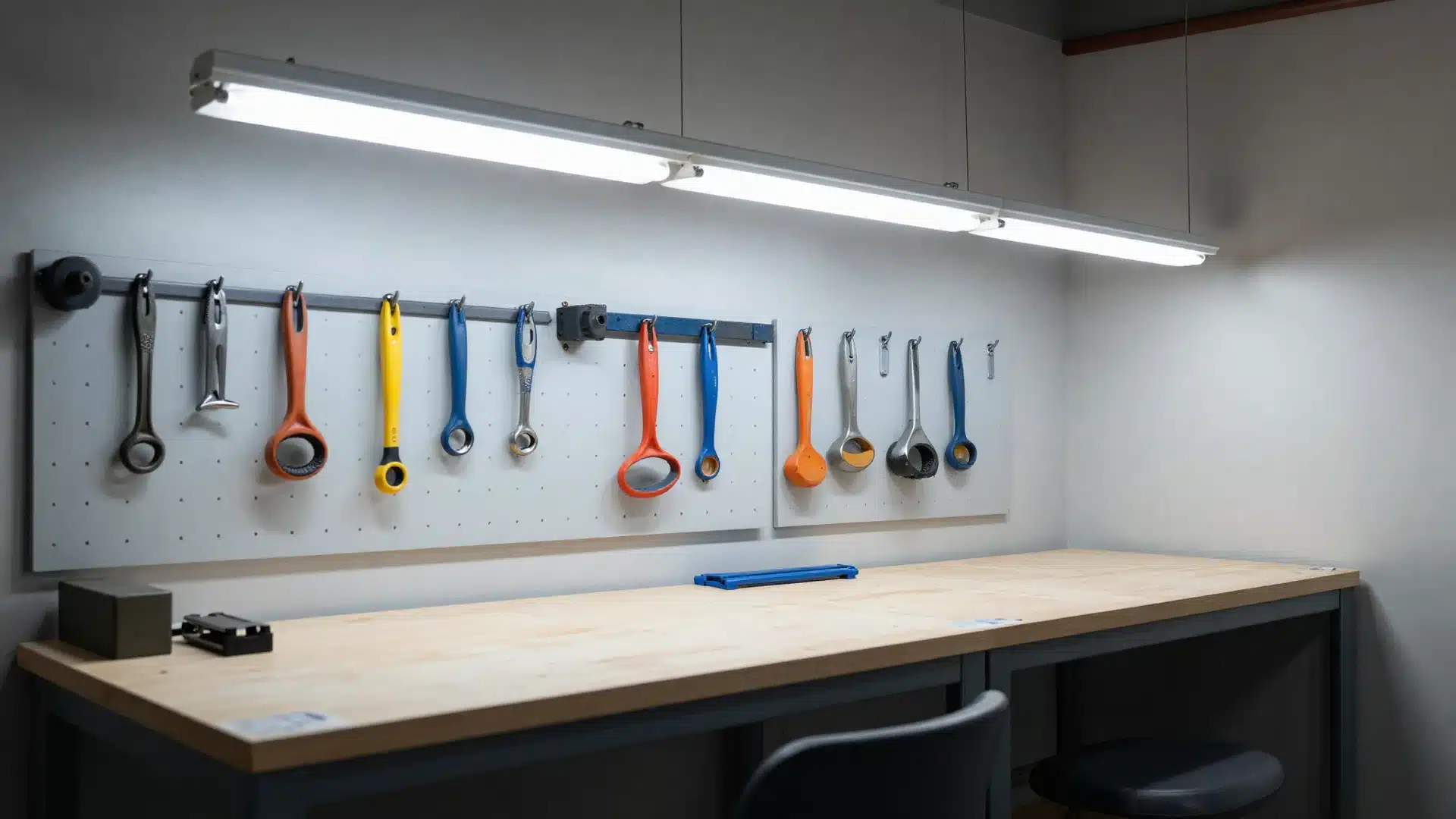 A bright, organized workshop space with a long workbench featuring tools hanging neatly on a pegboard wall, illuminated by a long, overhead LED shop light.