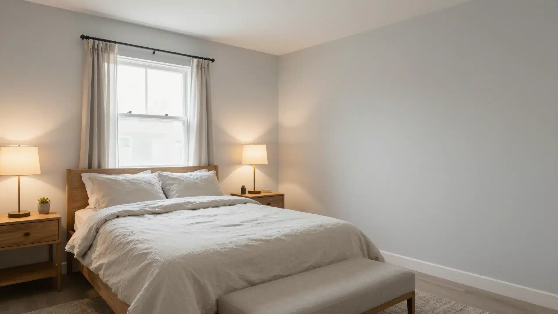 A bright, welcoming basement guest suite with a comfortable bed, neutral bedding, and a peaceful, private atmosphere.