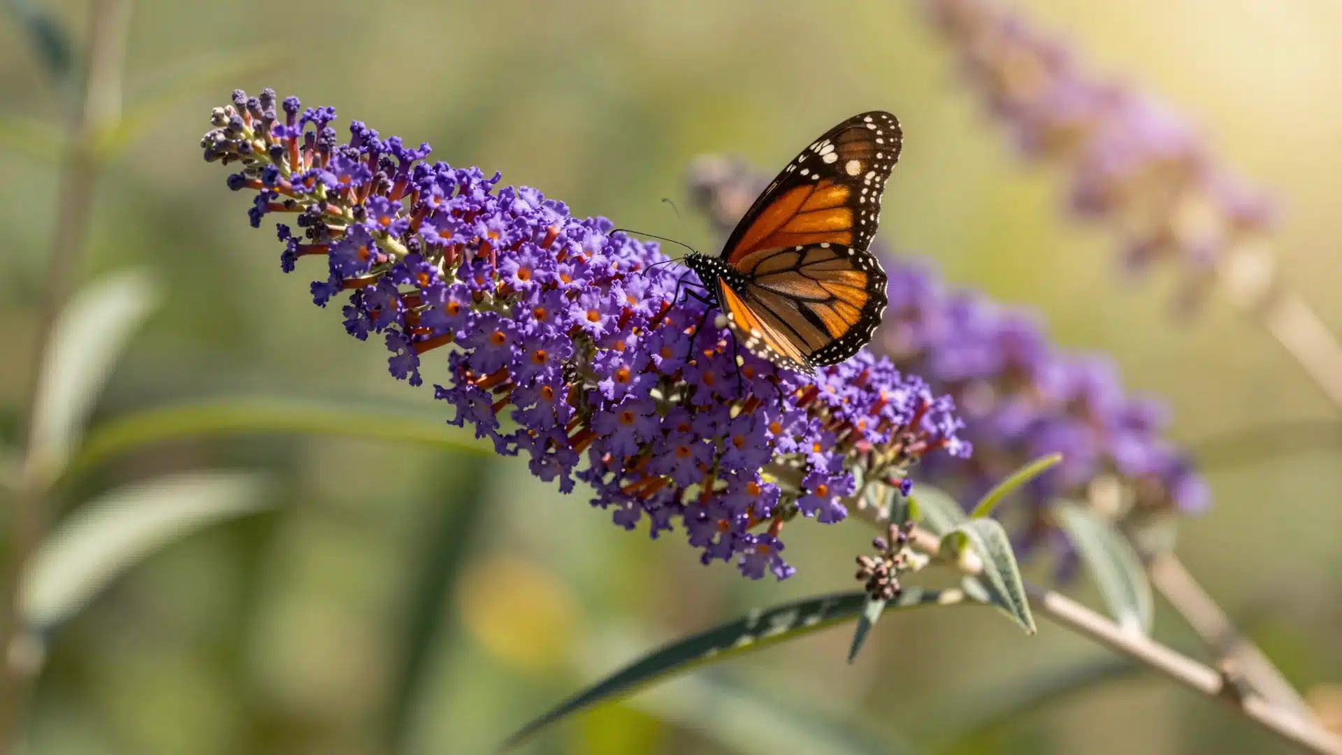 A butterfly bush featuring long, arching panicles of deep purple flowers that attract various pollinators.
