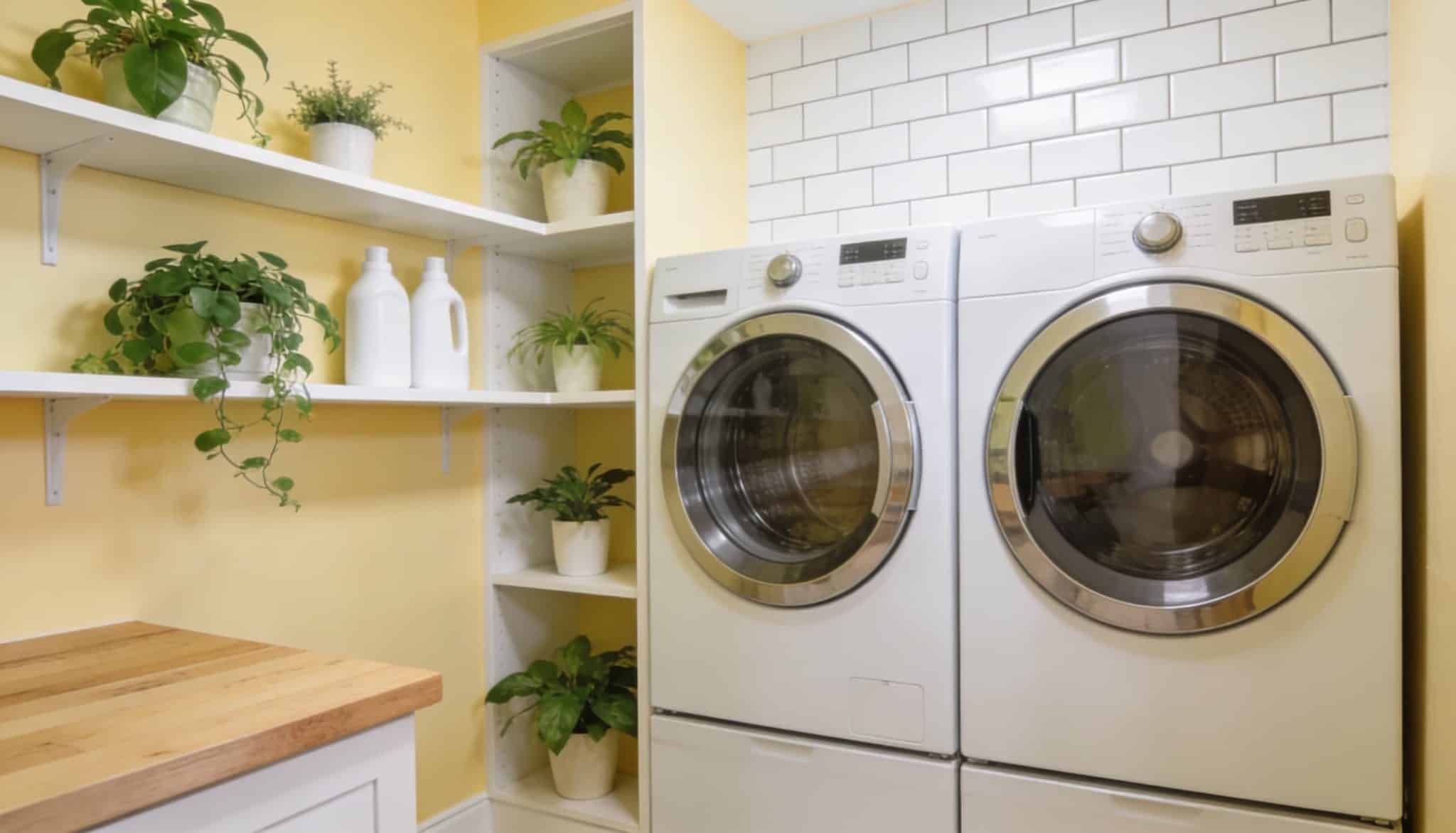 A cheerful, sunlit laundry room painted in a soft, muted butter-yellow that adds warmth.