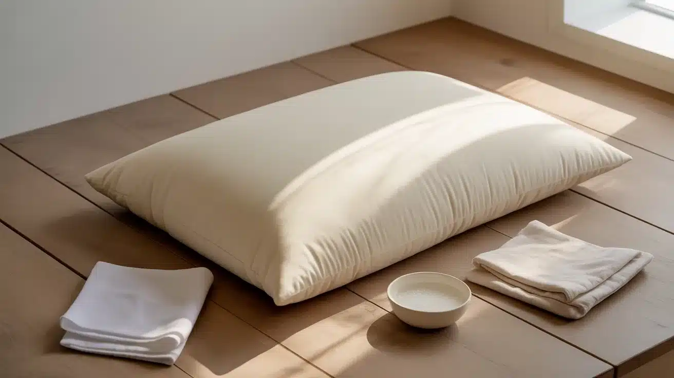A clean pillow placed on a wooden surface near folded cloths and a small bowl, lit by natural sunlight.