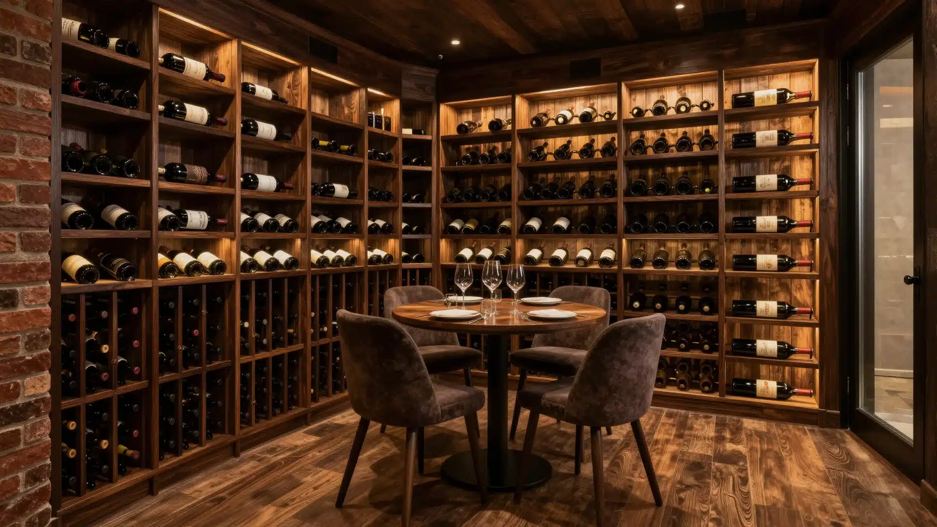 A climate-controlled basement wine cellar featuring elegant wood racking, soft lighting, and a glass door display.