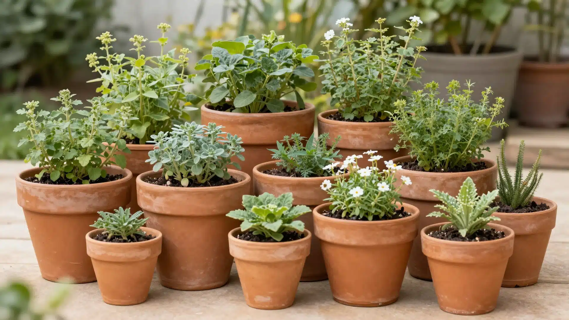 A cluster of diverse container pots in various sizes, featuring a mix of flowers, herbs, and ornamental plants.