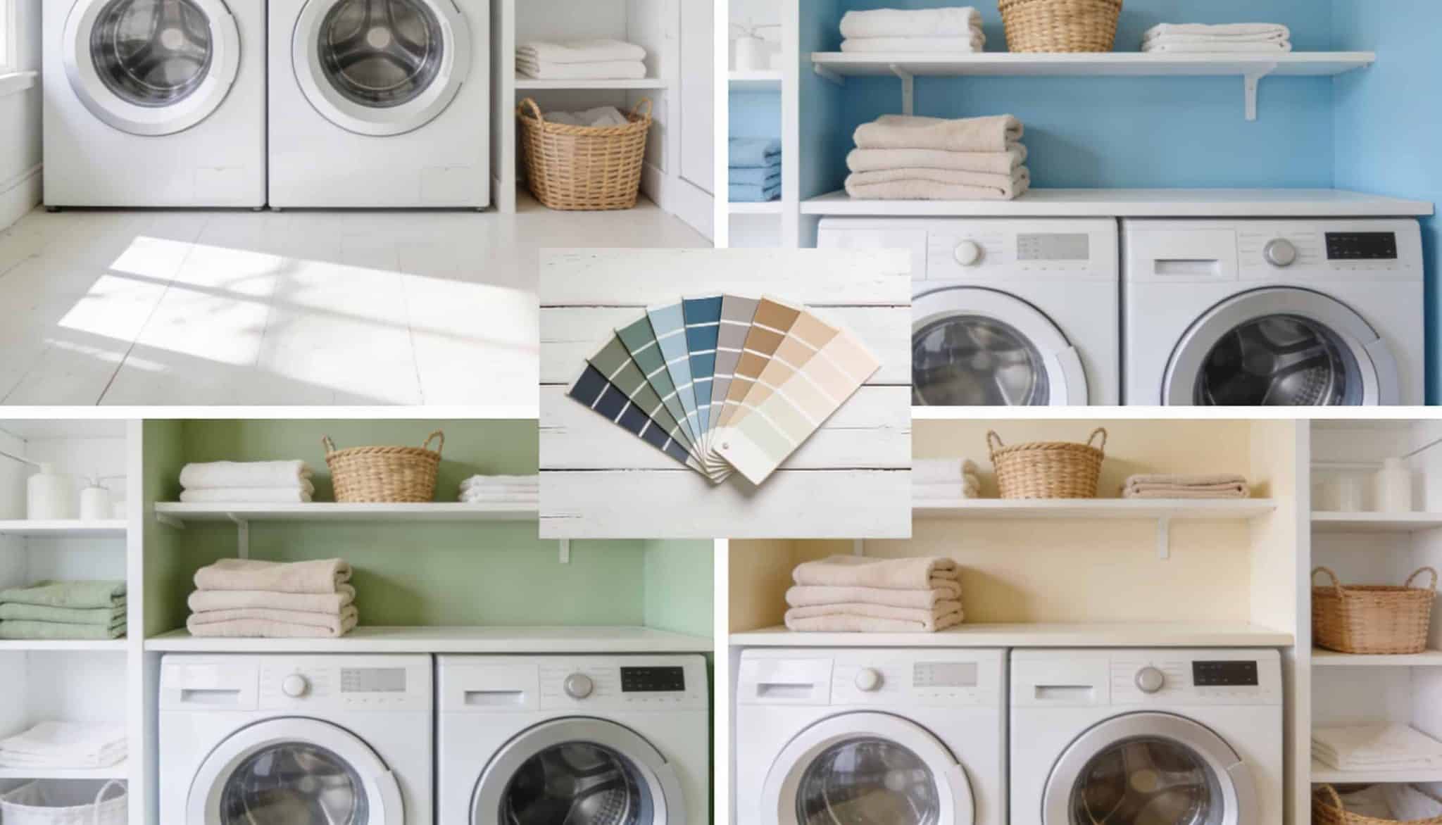 A collage of laundry room interiors featuring a paint color fan deck in the center.