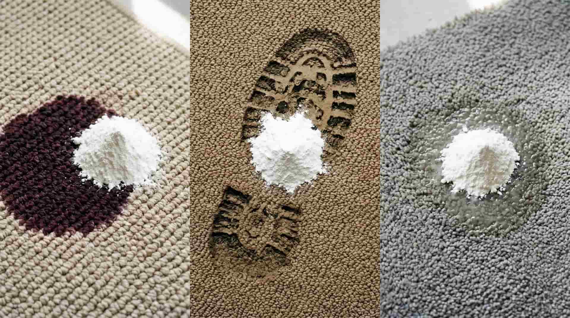 A collage showing three different types of carpet stains covered with small mounds of white baking soda to demonstrate effective spot treatment.