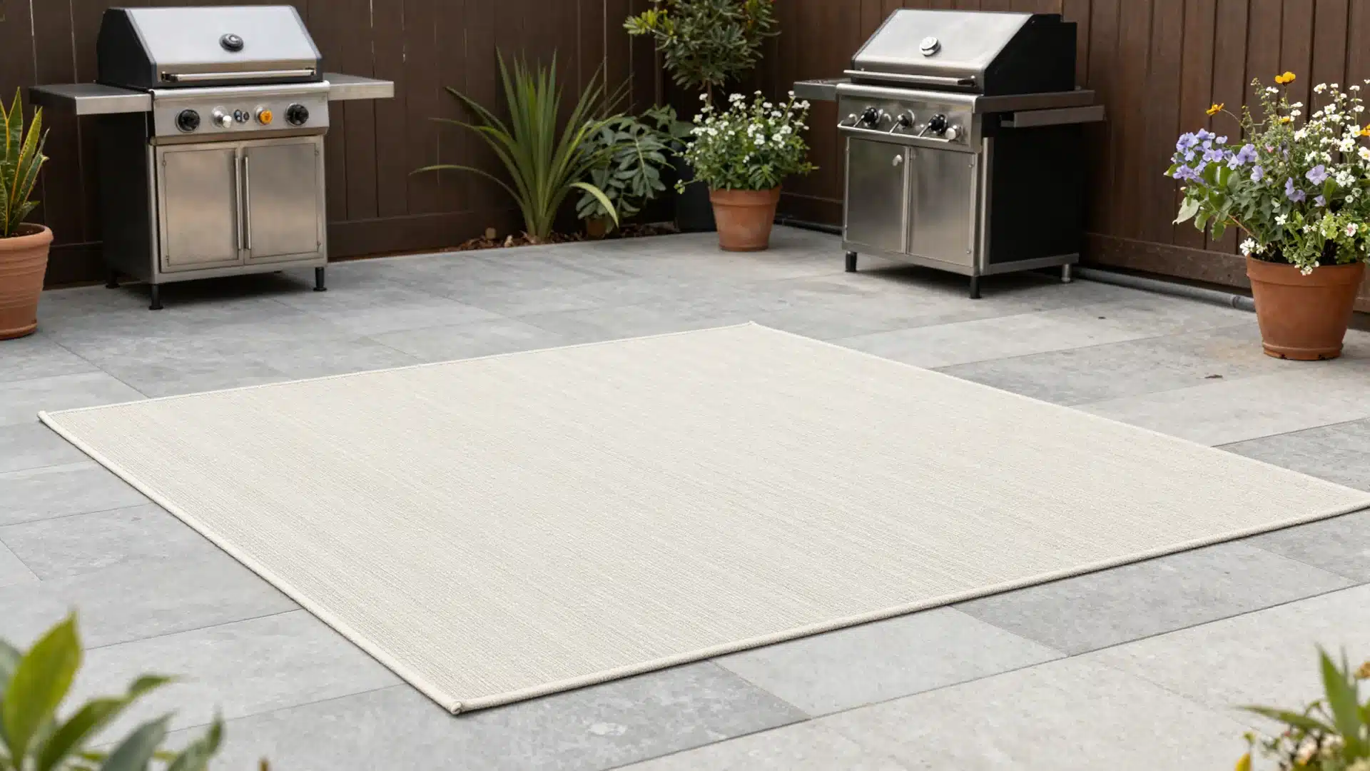 A colorful outdoor rug placed on a patio to clearly define a lounge zone, making the backyard feel like an outdoor room.