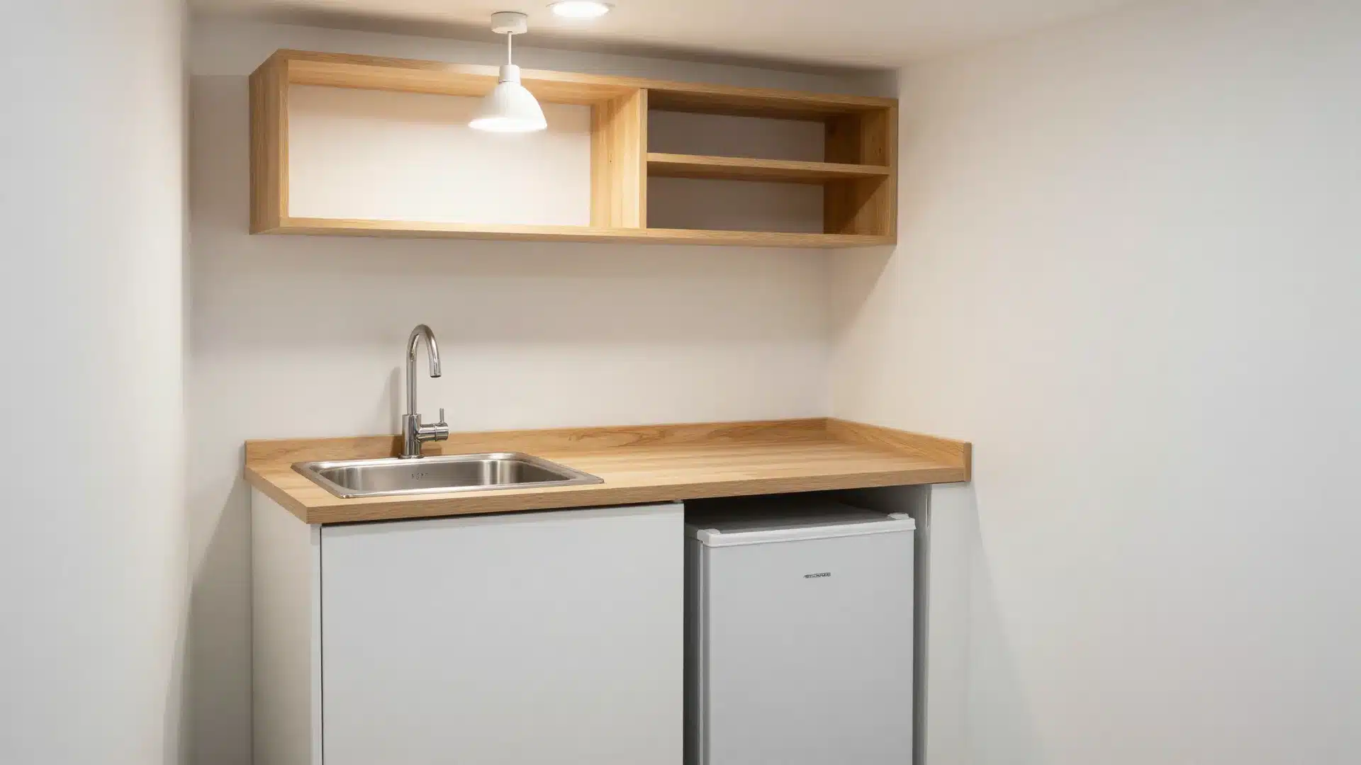 A compact basement kitchenette equipped with a sink, mini-fridge, microwave, and cabinetry for easy entertaining and prep