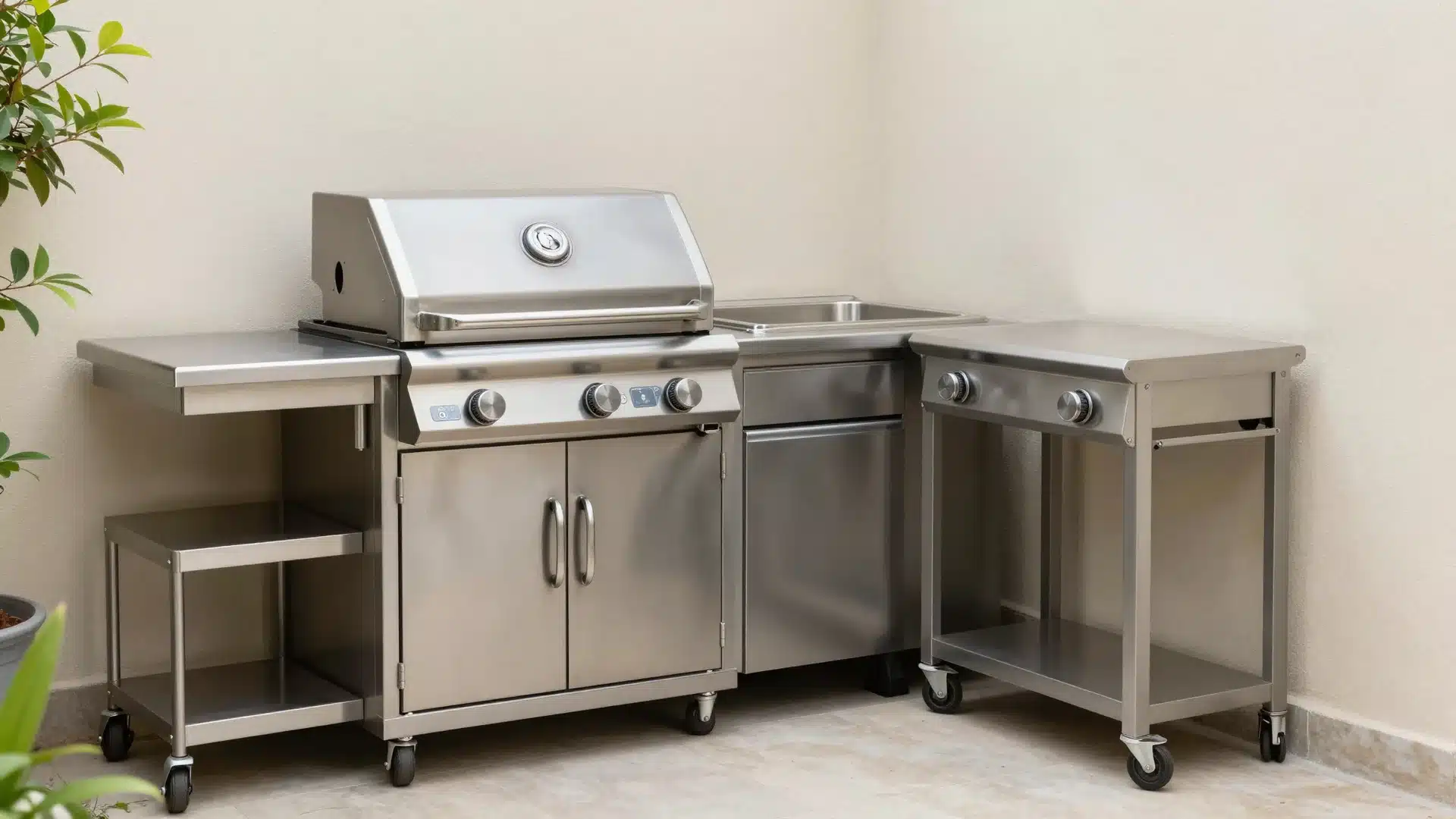 A compact, efficient outdoor grill station with a small prep counter, perfectly sized for a small backyard patio.