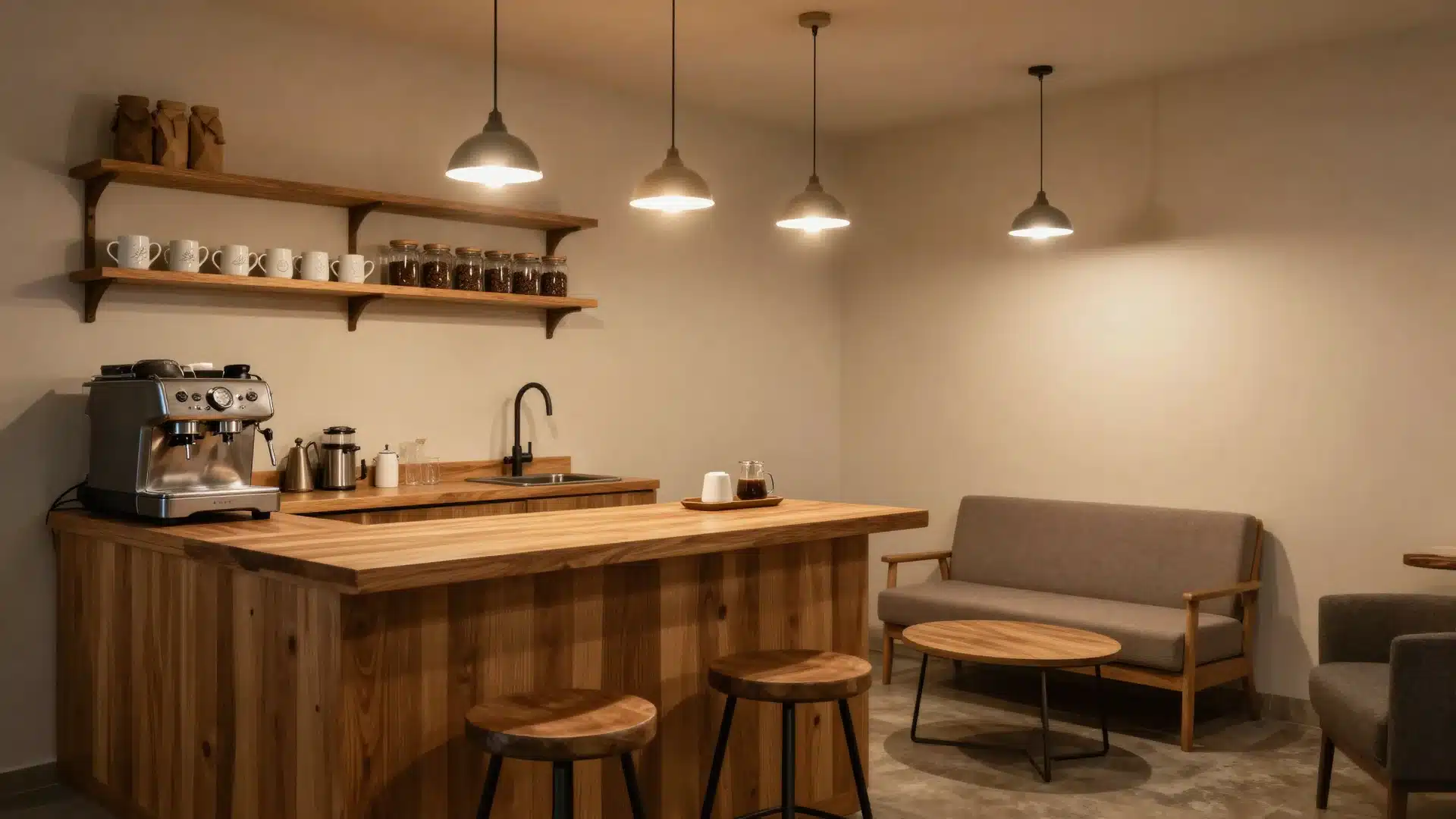 A compact, modern basement coffee bar with a built-in espresso machine, floating shelves, and a small sink area.