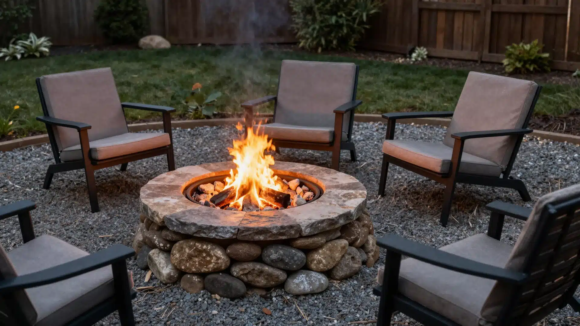 A compact stone fire pit surrounded by four low-profile outdoor chairs on a gravel patio, creating a cozy seating arrangement.