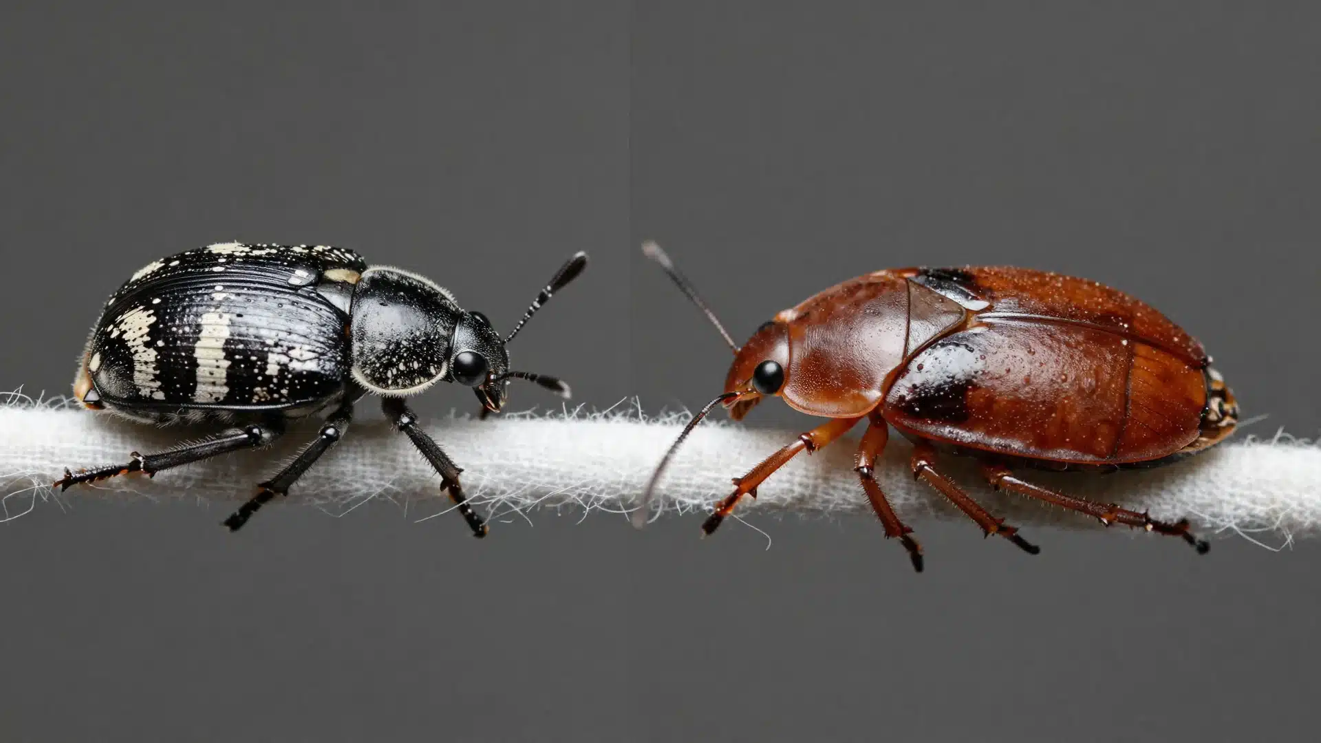 A comparison photo showing a black and white patterned carpet beetle next to a reddish-brown bed bug on a white string.