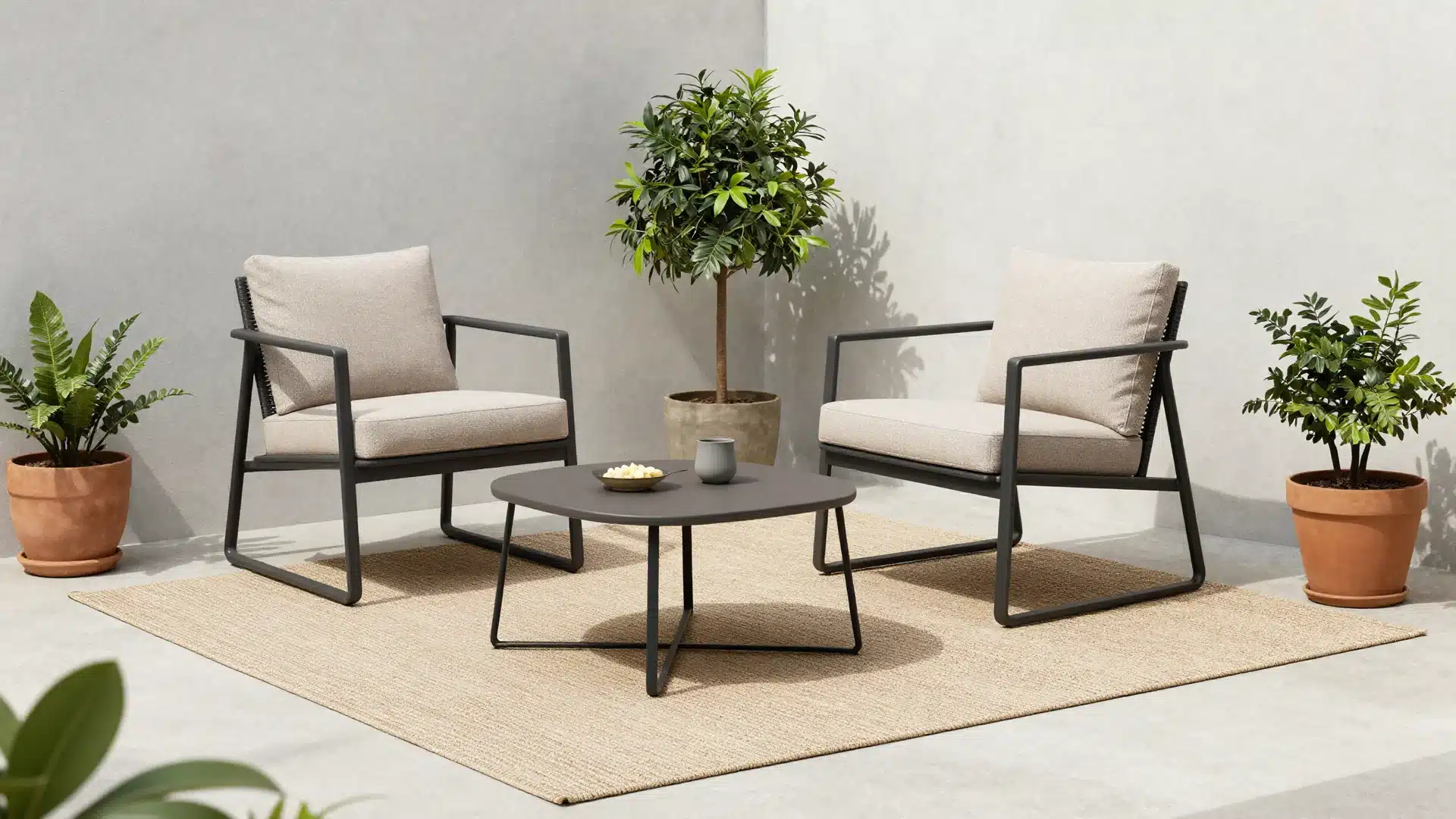 A cozy, defined outdoor seating area featuring a small bistro table and chairs placed neatly on a patterned outdoor rug.