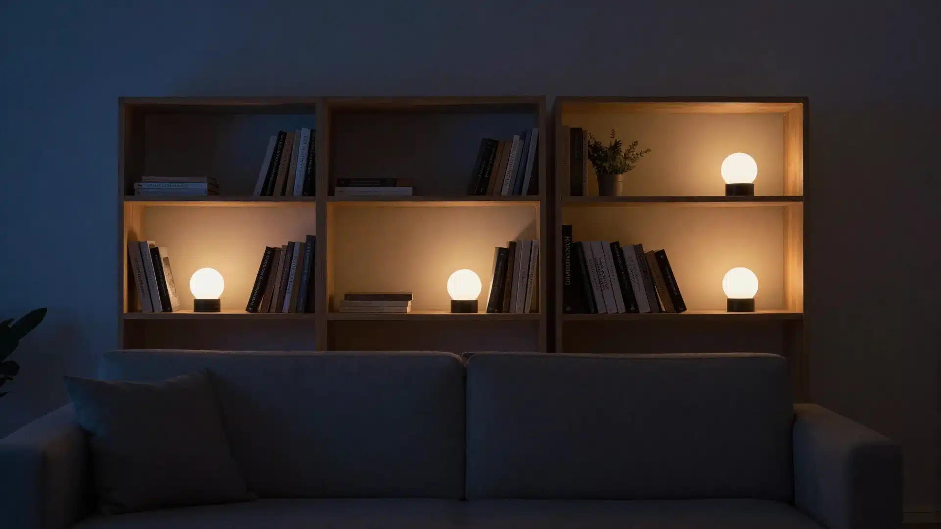 A cozy, dimly lit living room with several modern globe-style lamps placed on wooden shelves, creating a soft, warm ambient glow against a dark wall.