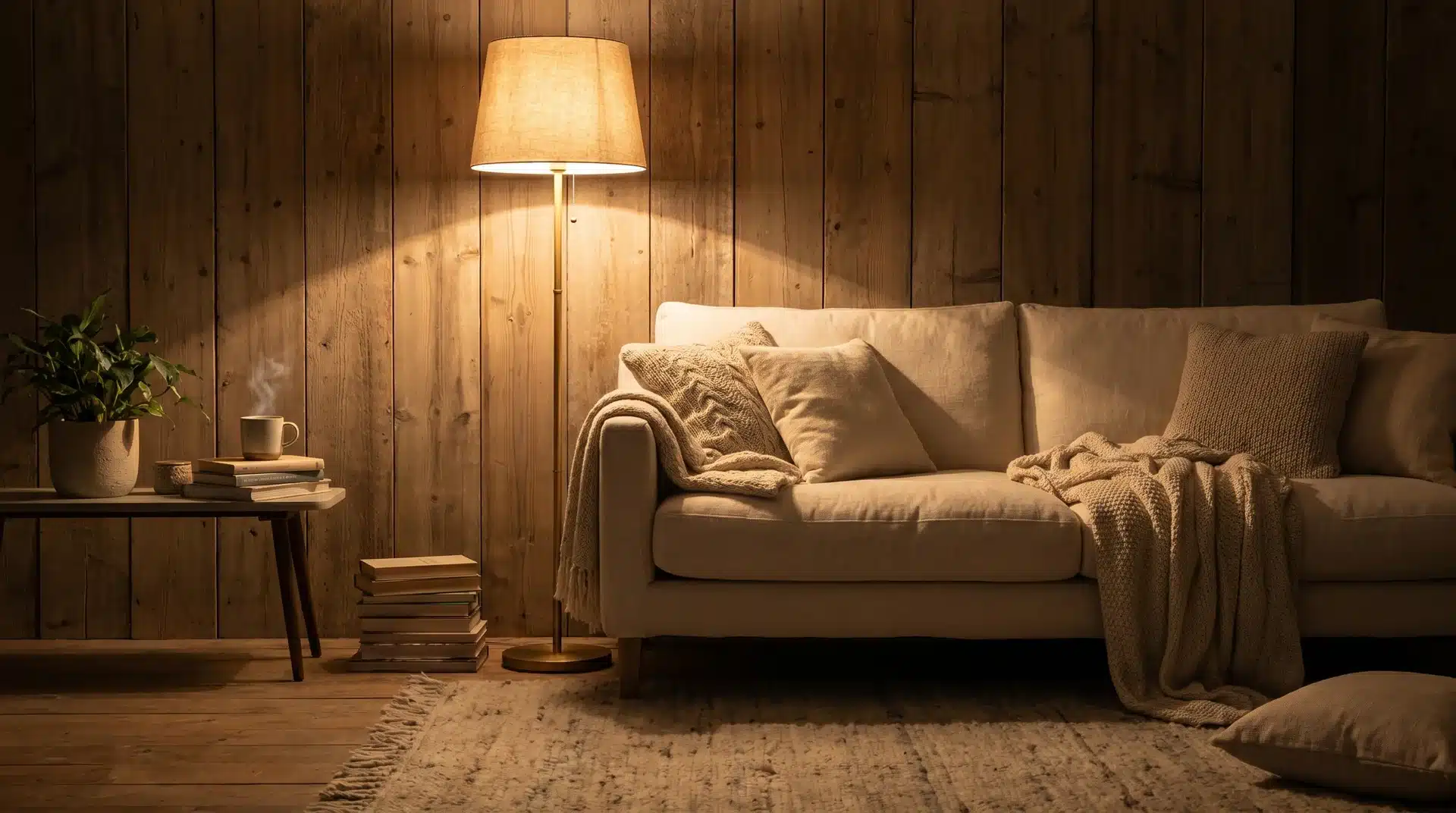 A cozy living room with warm lighting from a floor lamp, highlighting wood-paneled walls and a comfortable sofa with throw pillows.