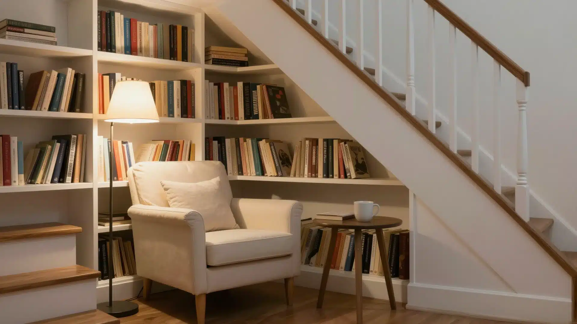 A cozy reading nook built under stairs with floor-to-ceiling bookshelves, a plush armchair, and warm, focused reading lights.