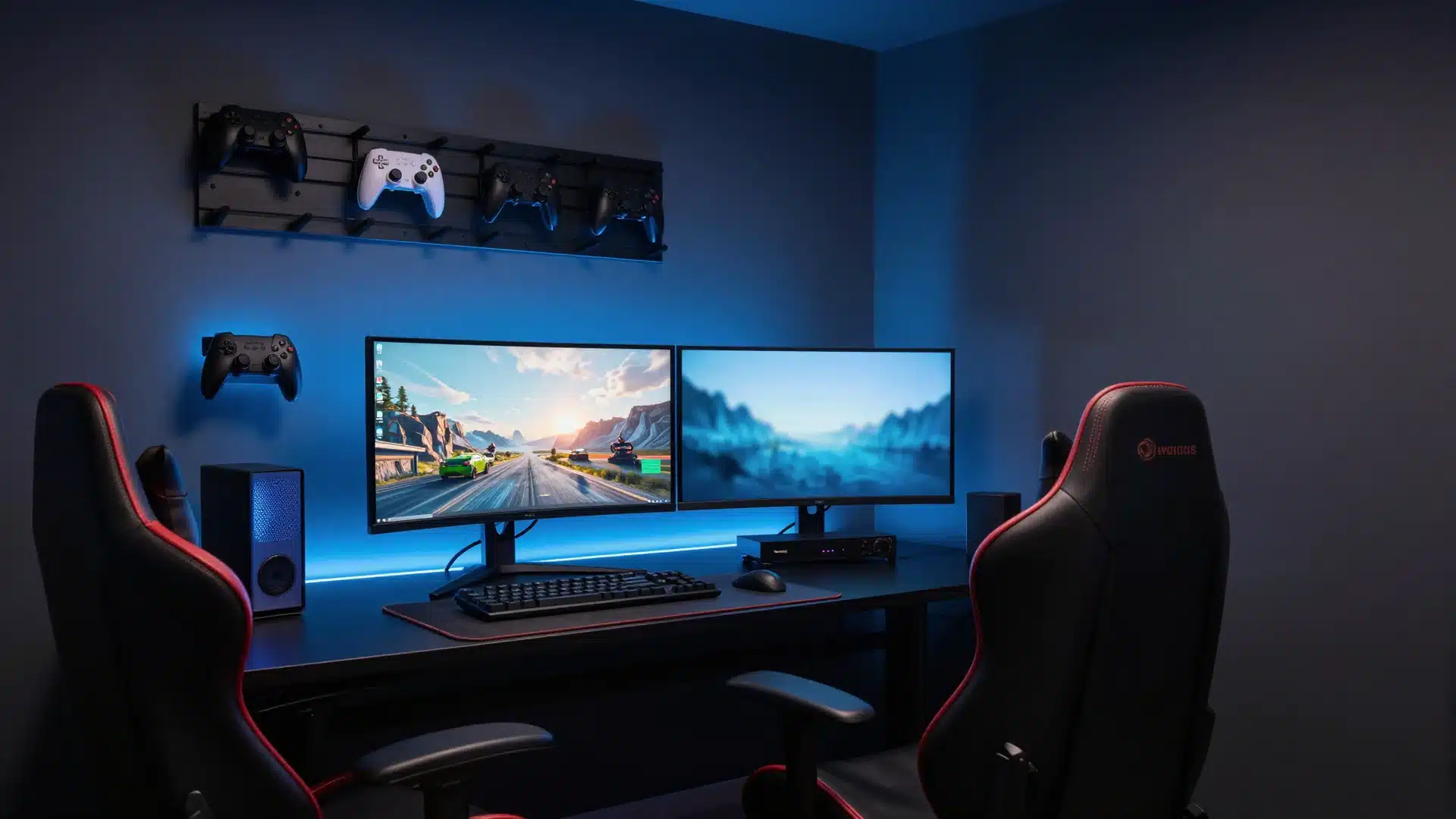 A dedicated gaming room with a large wall-mounted monitor, neon accent lighting, and comfortable chairs for long sessions.