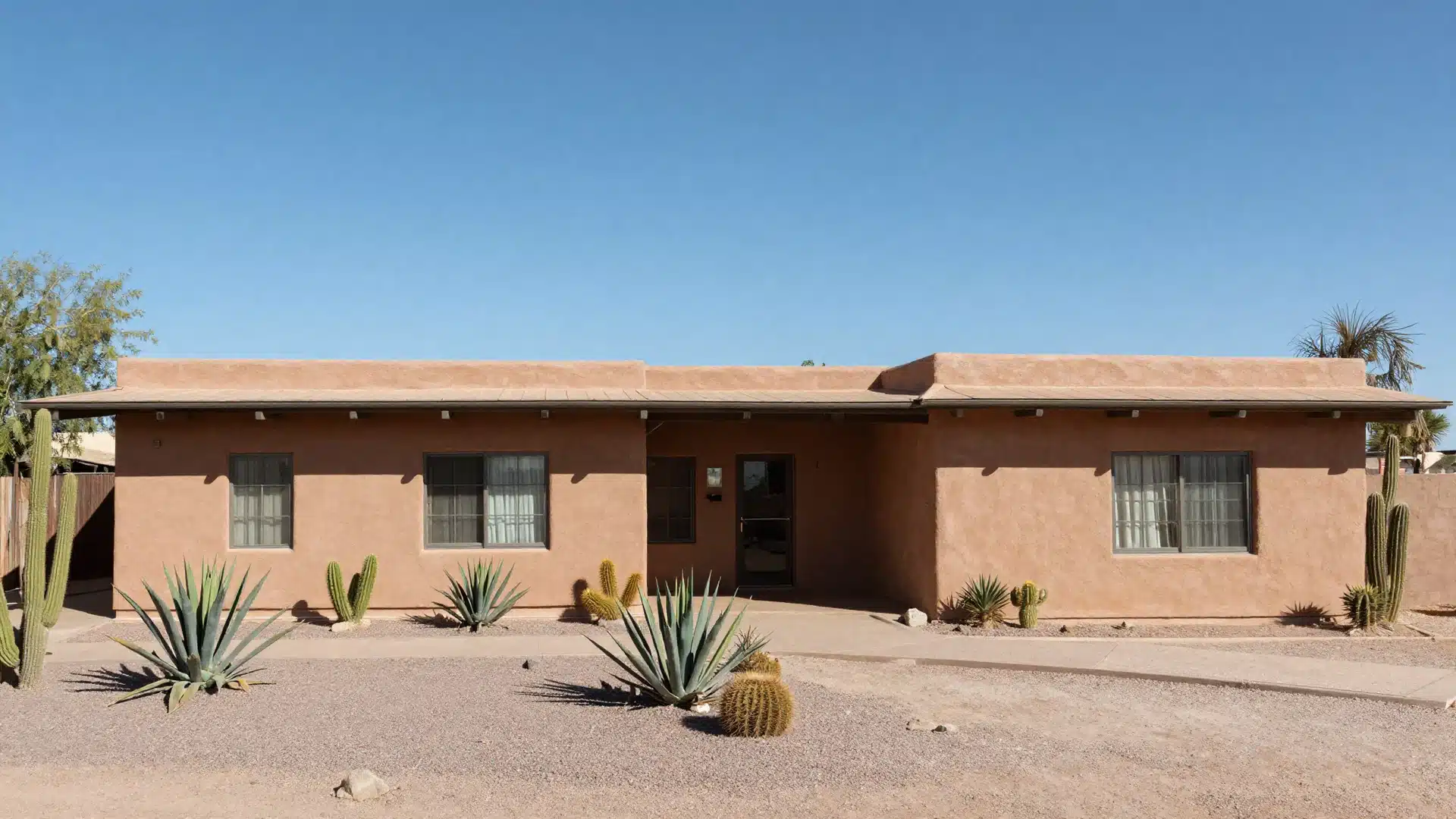 A desert contemporary home with horizontal lines, a flat roof, and earth-toned stucco suited for a dry, sunny landscape.
