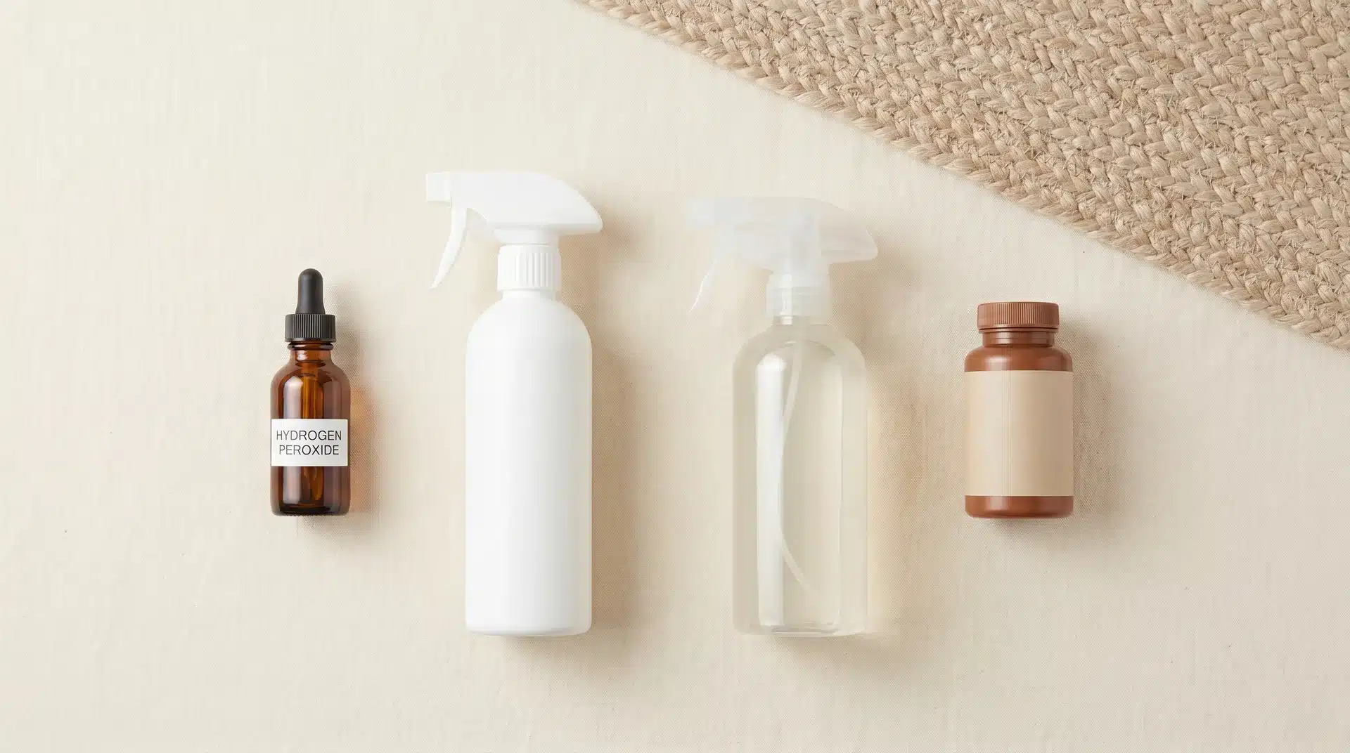A flat-lay view of cleaning essentials, including a dark glass dropper bottle, a white spray bottle, and a small amber jar on a neutral surface.