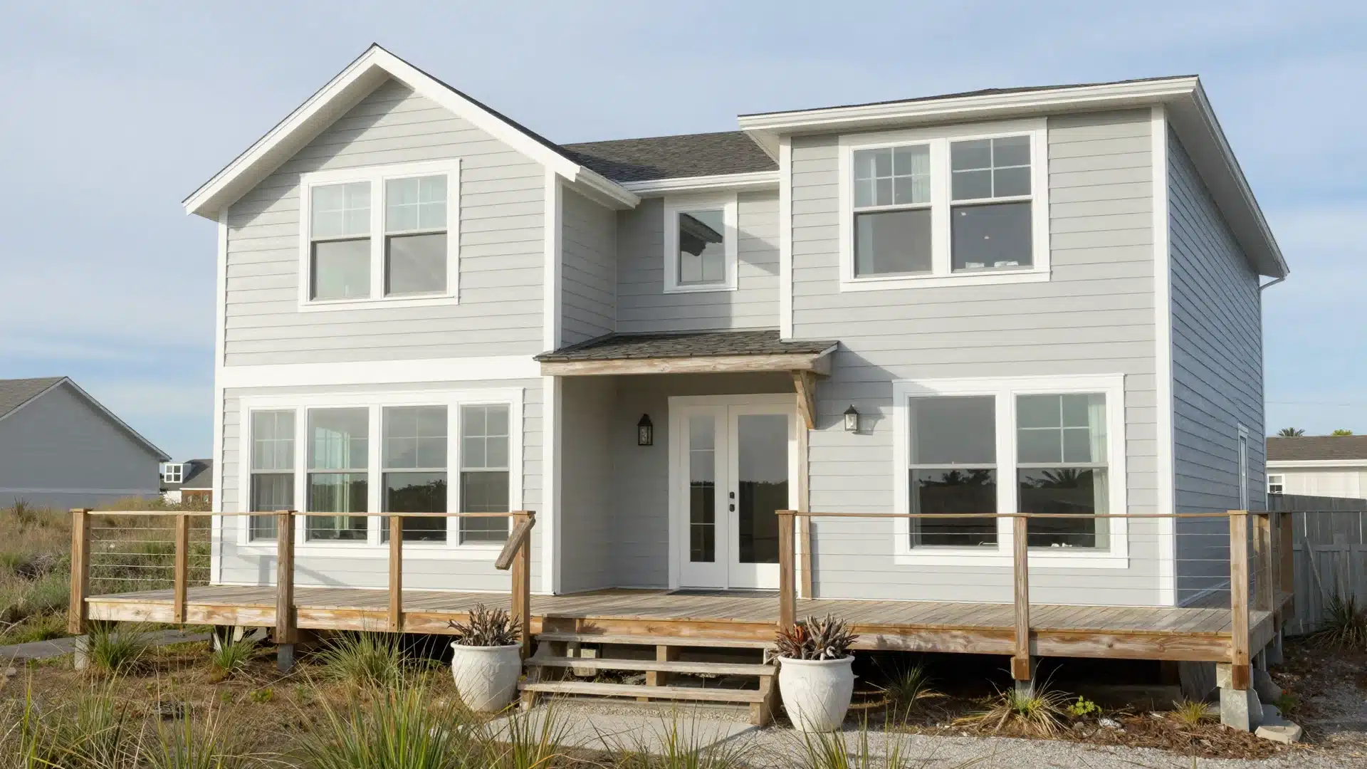 A fresh, coastal contemporary home with light siding, large windows, and weather-resistant materials near the shore