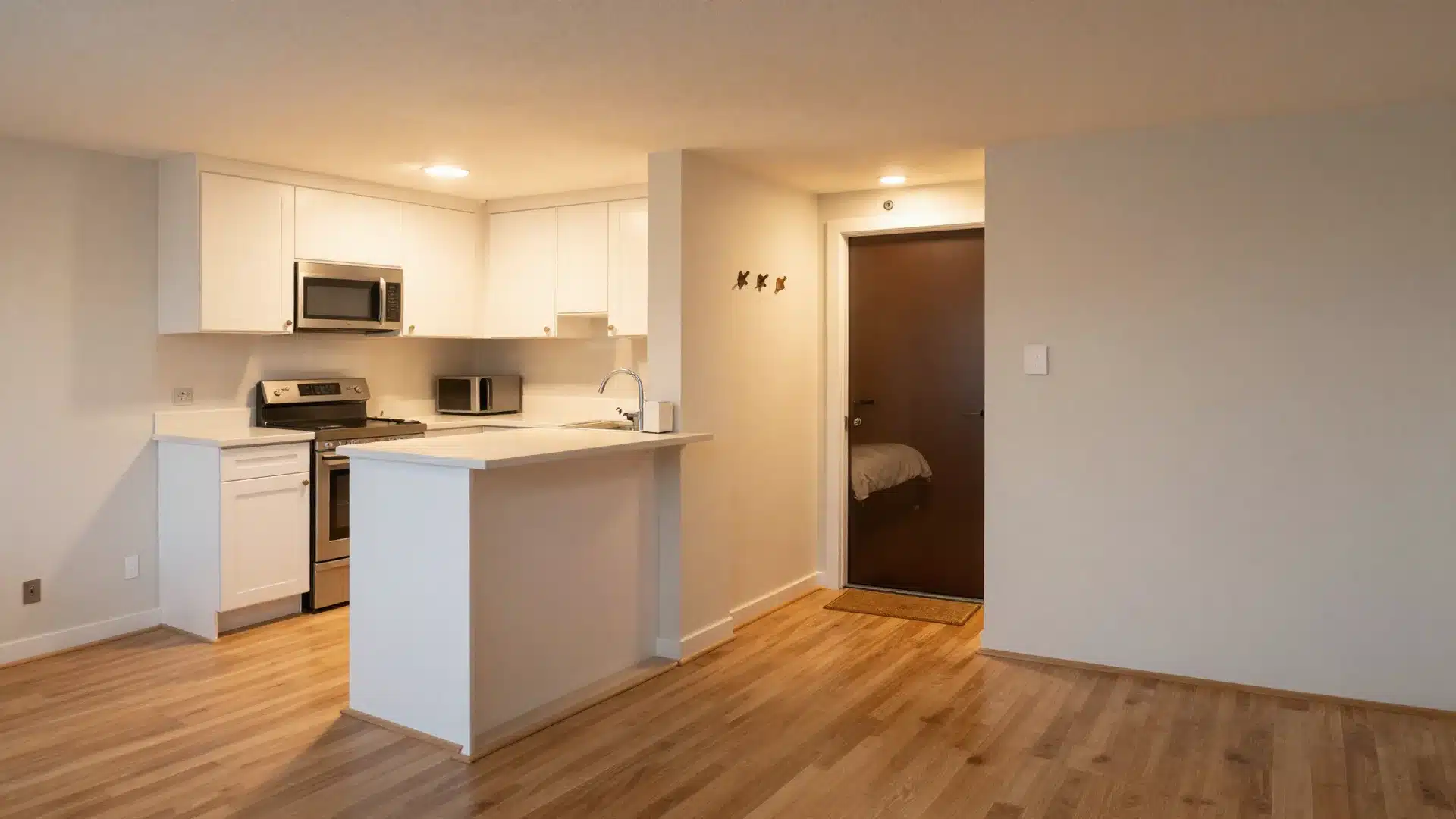 A fully finished basement ADU featuring a modern kitchenette, a private bedroom area, and a stylish living space.