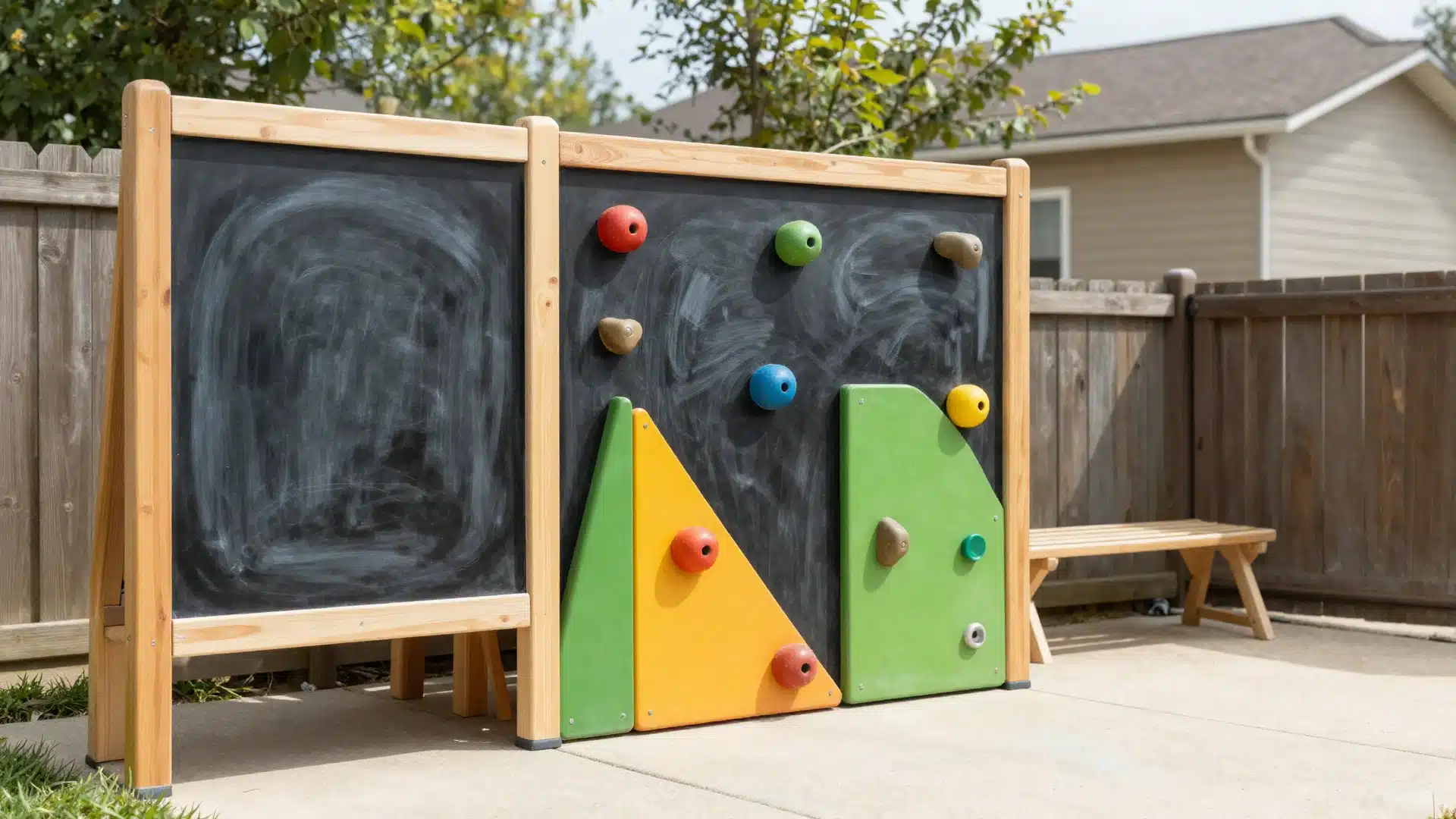 A fun vertical play wall mounted on a fence, featuring a chalkboard and climbing holds to save ground play space.