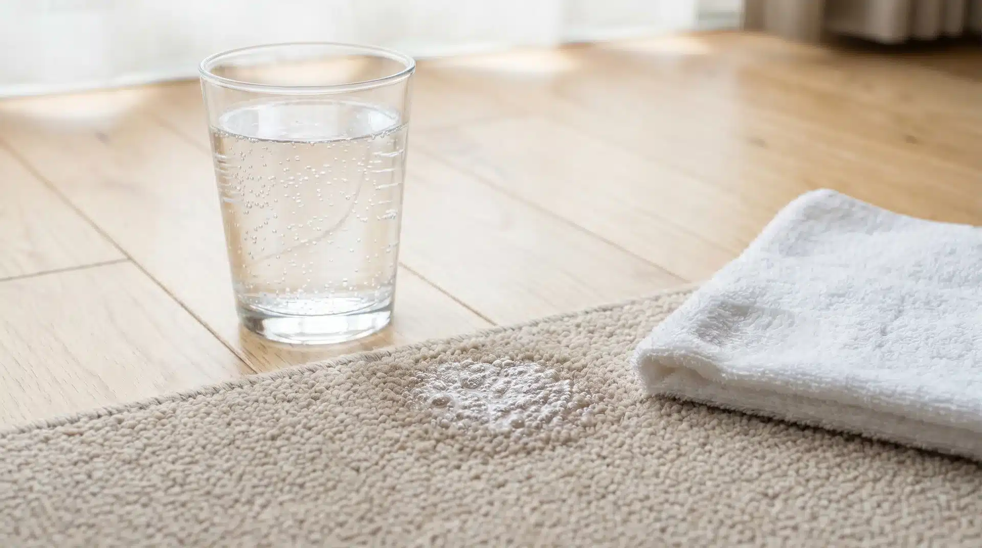 A glass of clear club soda sitting on a light-colored carpet next to a folded white cloth, ready for cleaning a stain