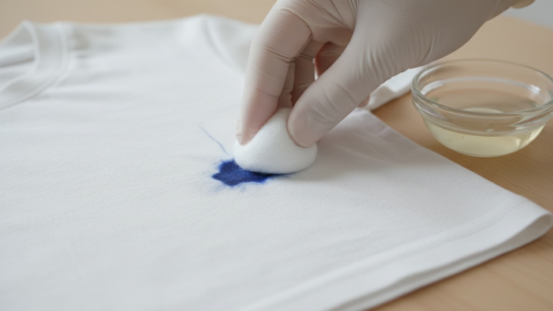 A hand in a white glove is gently blotting a stain on a white shirt with a cotton ball, next to a small bowl of liquid.