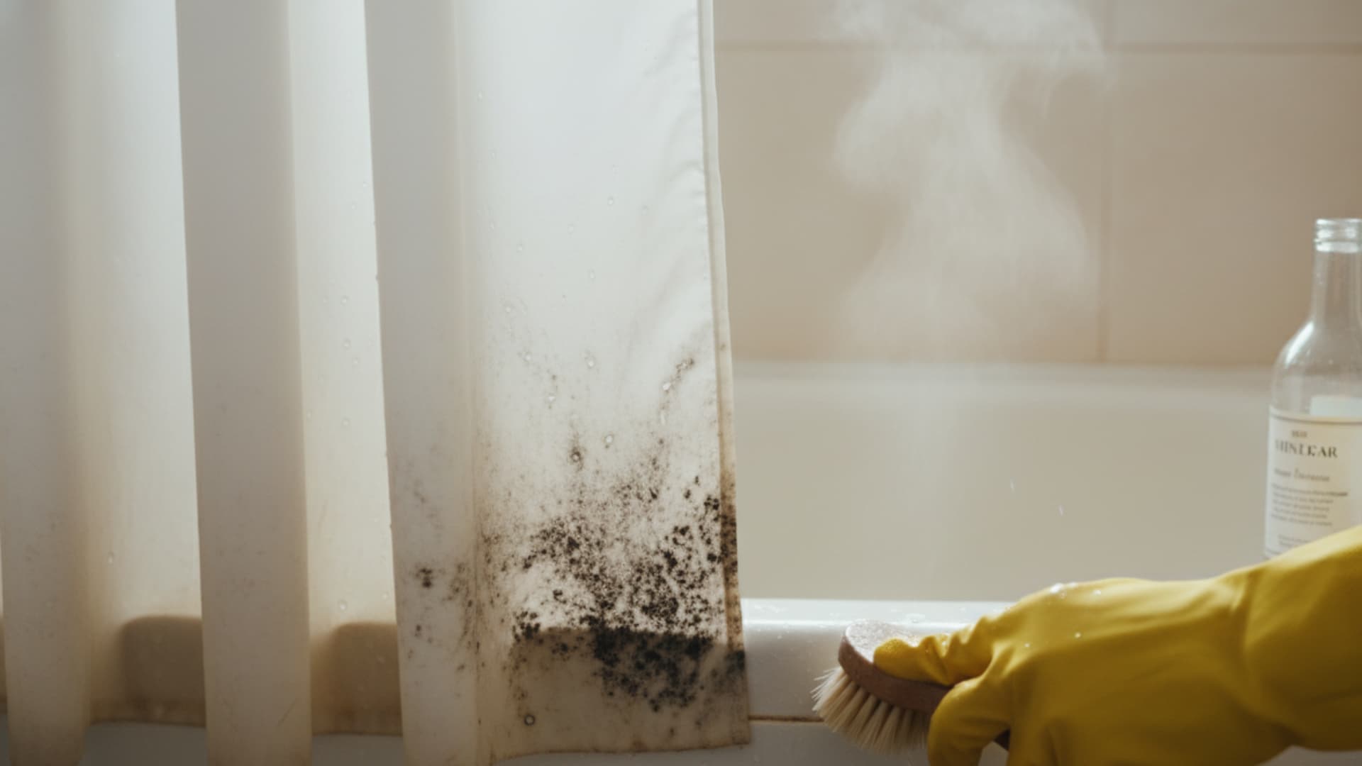 A hand wearing a yellow glove is scrubbing mold and mildew from the bottom of a shower curtain with a brush, with a vinegar bottle nearby