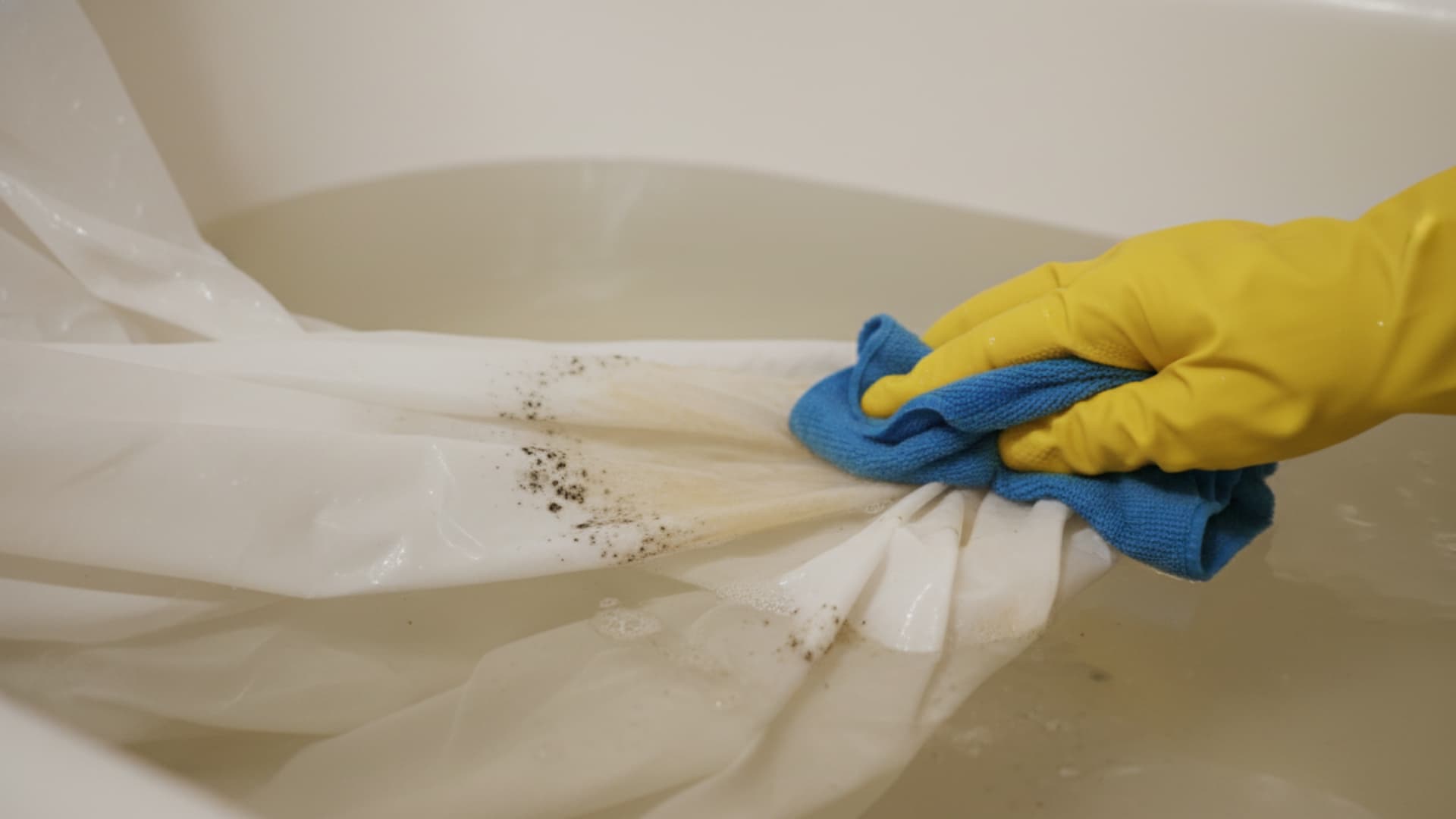 A hand wearing a yellow glove is scrubbing mold stains off a white shower curtain liner with a blue cloth in a bathtub