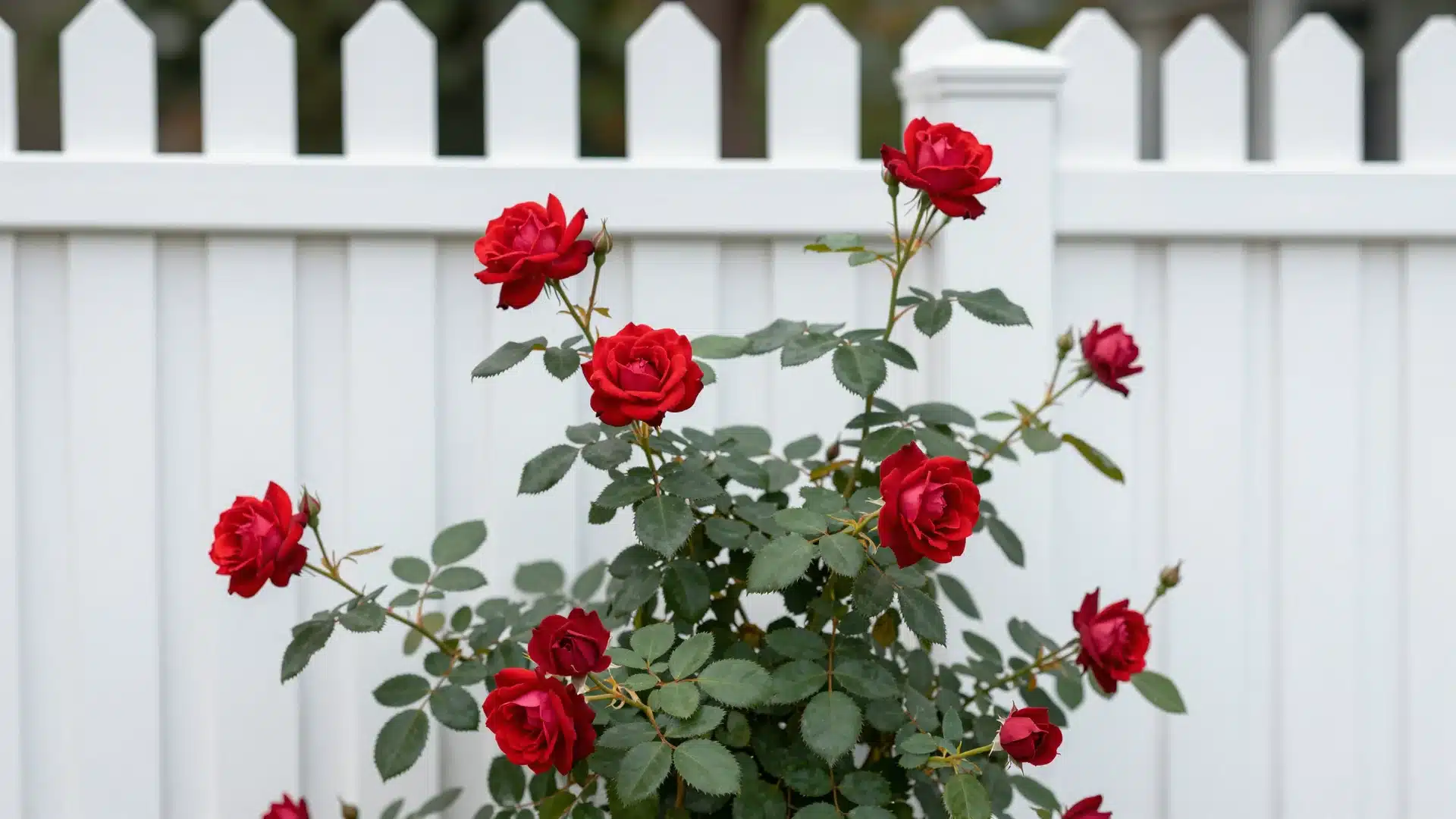 A hardy Knock Out shrub rose bush filled with numerous bright red flowers, blooming against a backdrop of green foliage.