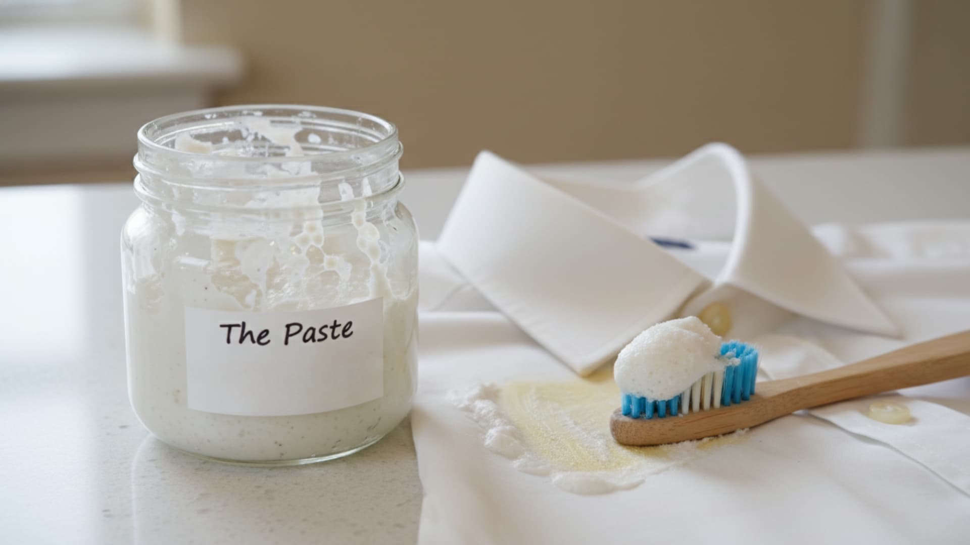 A jar labeled “The Paste” sits next to a white shirt with a stain, with a toothbrush applying the paste to the stain.