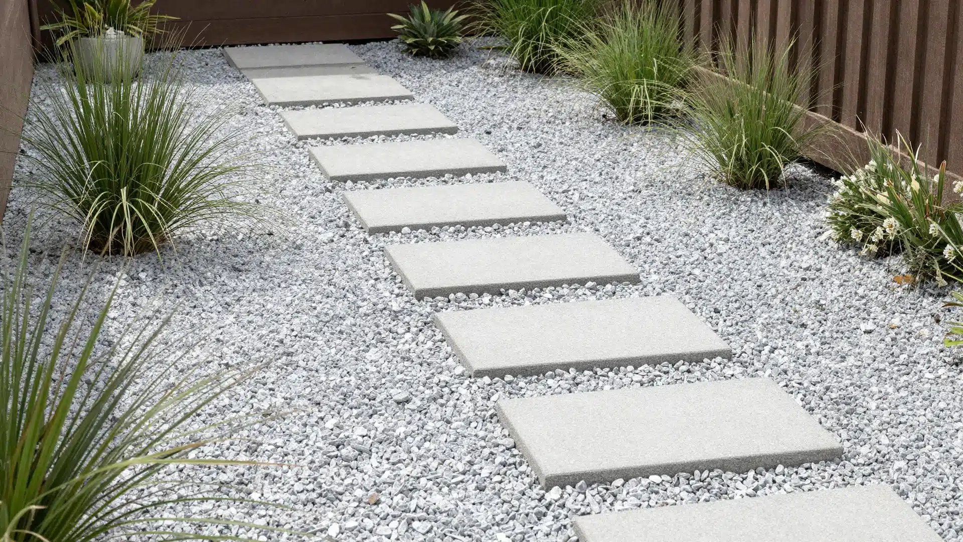 A low-maintenance backyard section covered with clean pea gravel, featuring stepping stones and minimal, tidy landscaping.