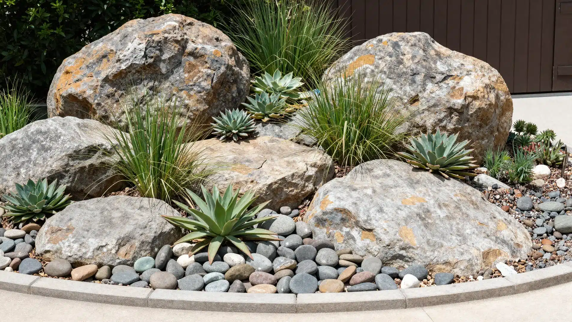 A low-maintenance rock garden featuring a variety of desert-friendly succulents and smooth decorative boulders.