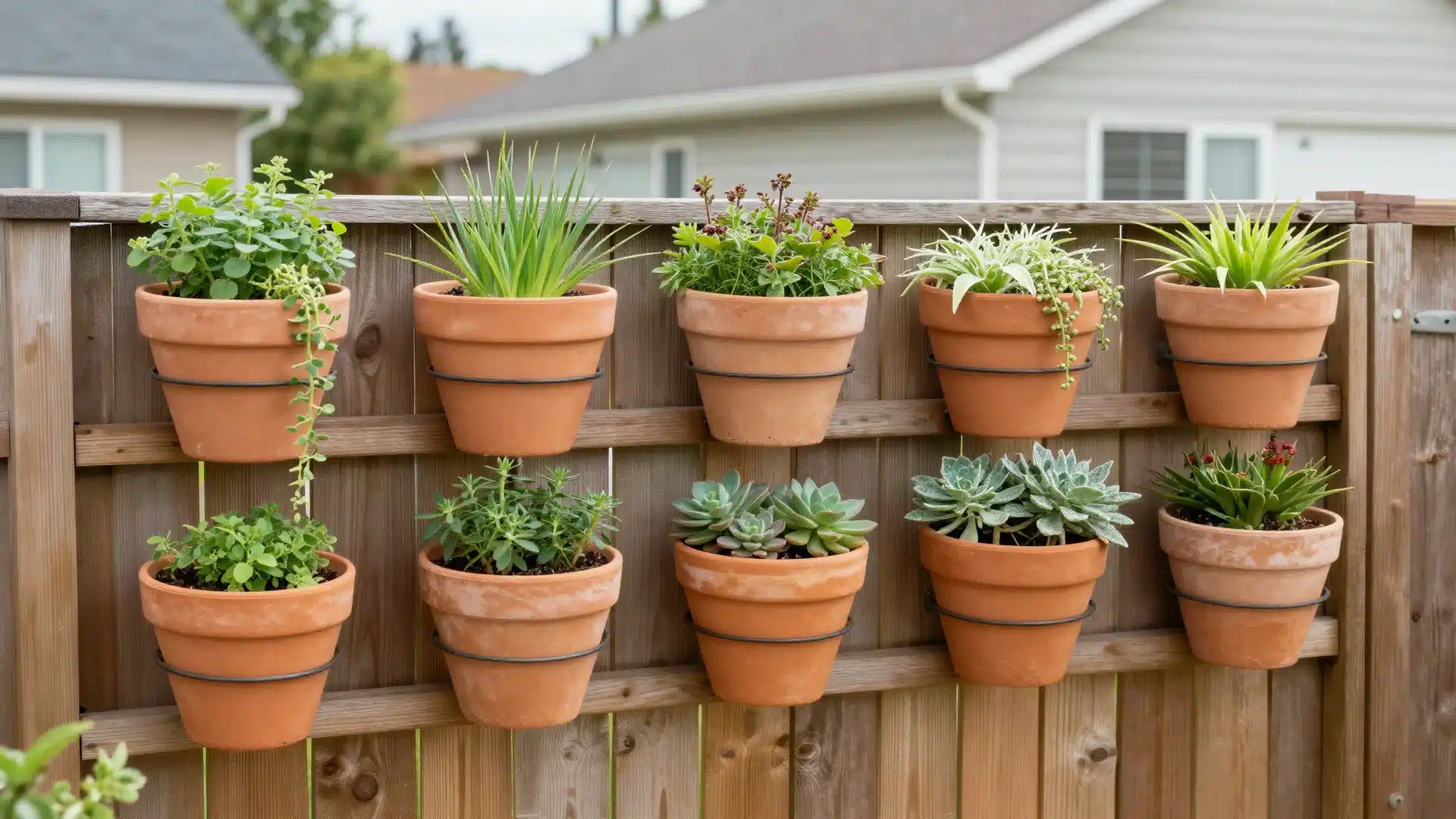 A lush vertical garden mounted on a wooden fence, featuring various potted plants and herbs arranged in a tiered, space-saving design.
