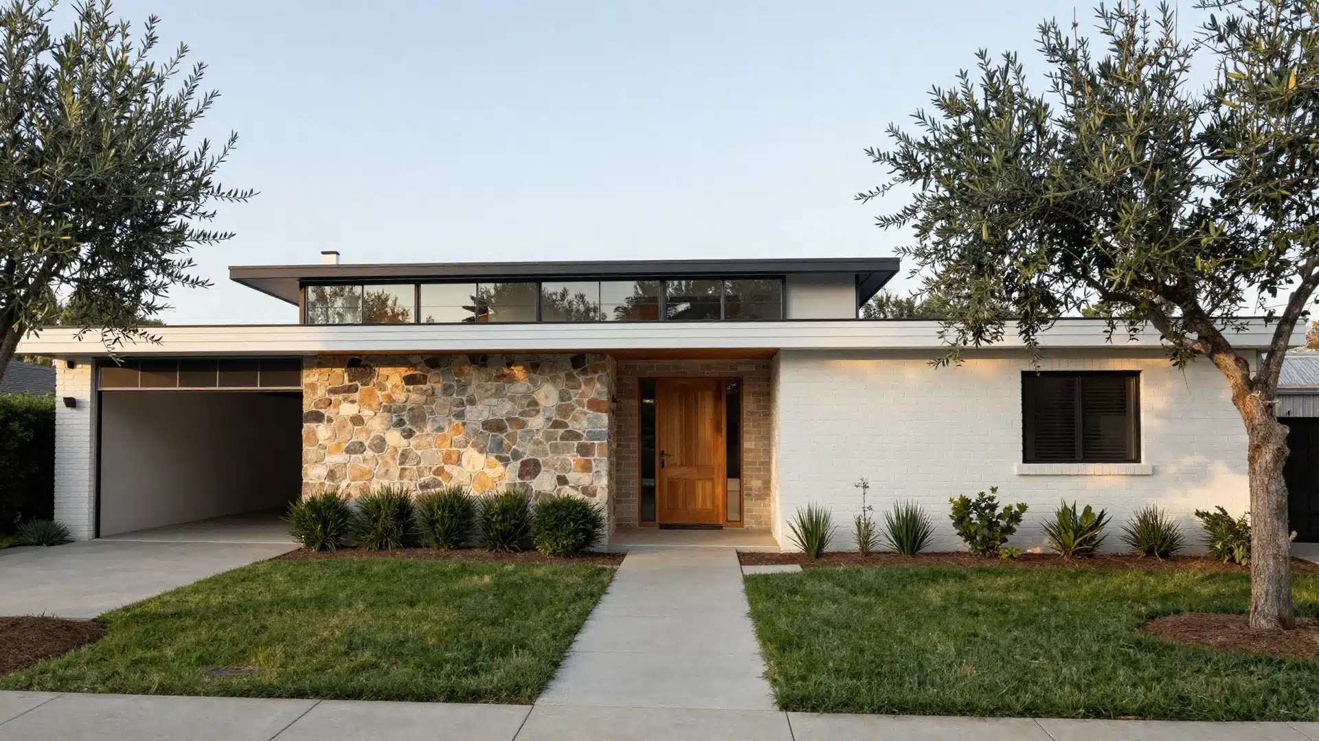 A mid-century modern revival home featuring low horizontal lines, wide windows, and a retro-inspired, flat roofline.