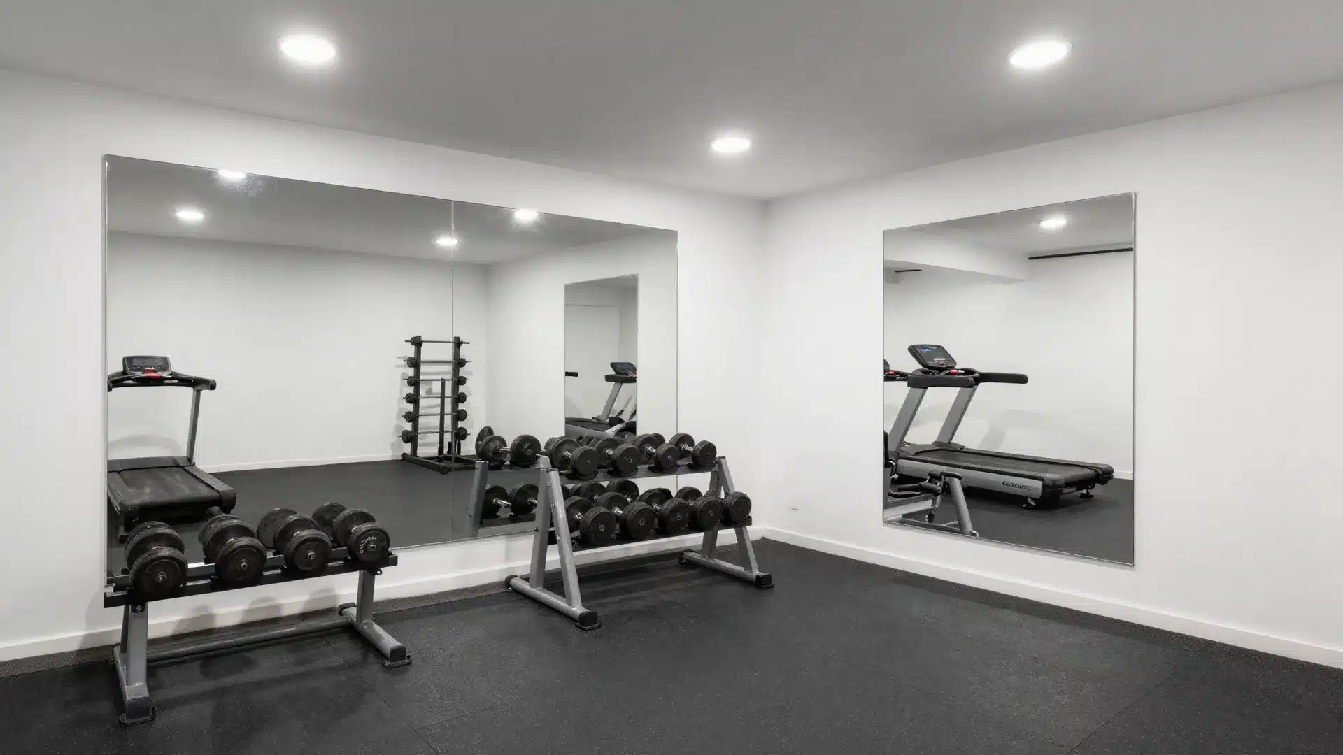 A modern basement home gym with rubber flooring, large wall mirrors, and organized racks for weights and yoga equipment.