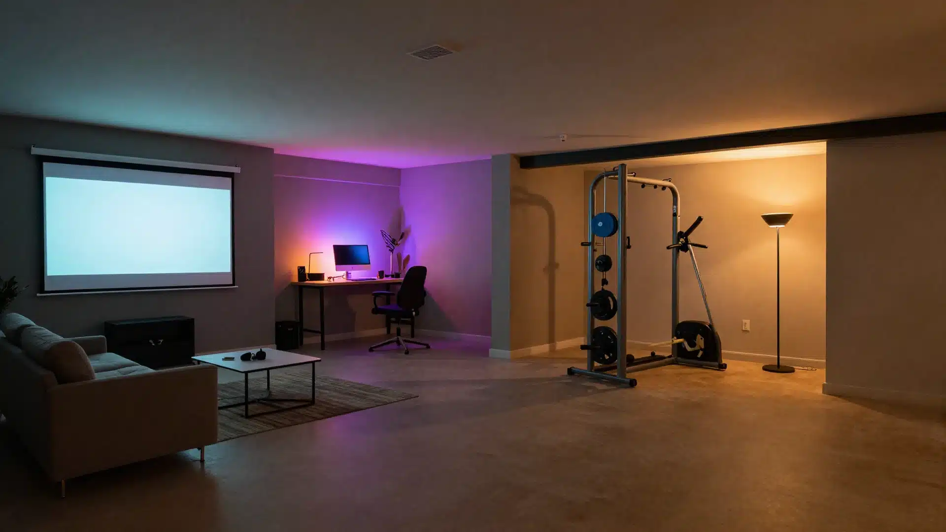 A modern basement layout with distinct zones for media and exercise, all managed by a smart home tablet on the wall.