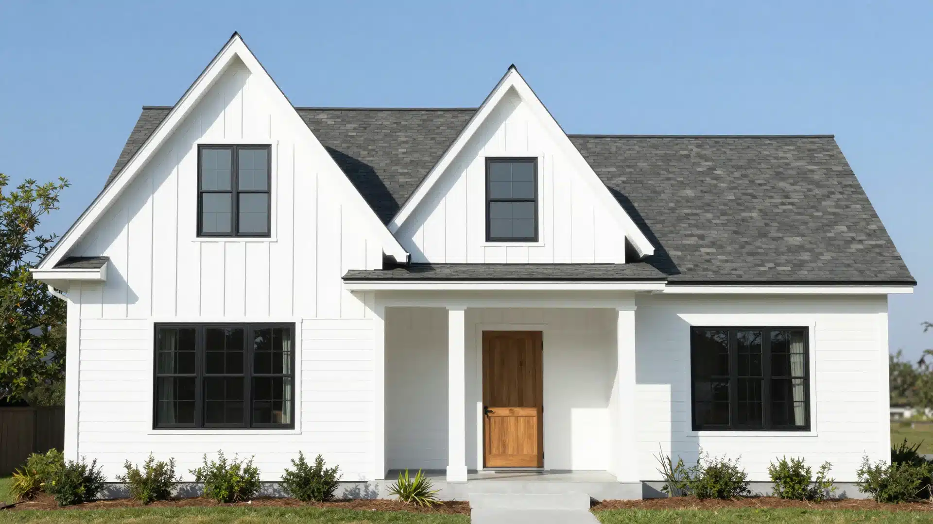 A modern farmhouse style home featuring classic gable roofs, crisp board-and-batten siding, and bold black window frames.
