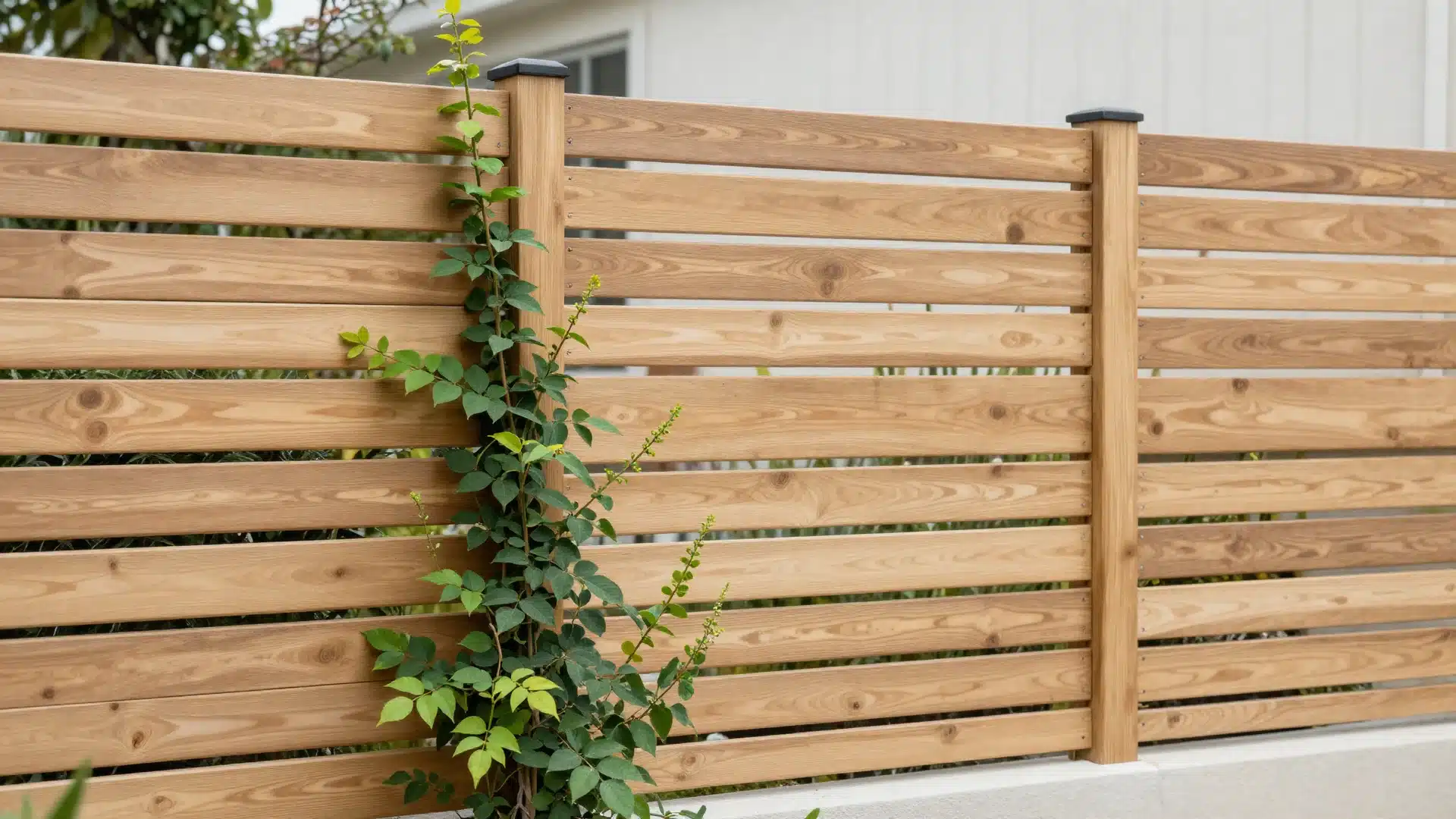 A modern horizontal slatted wooden fence that provides privacy while allowing light and air to flow into the yard.