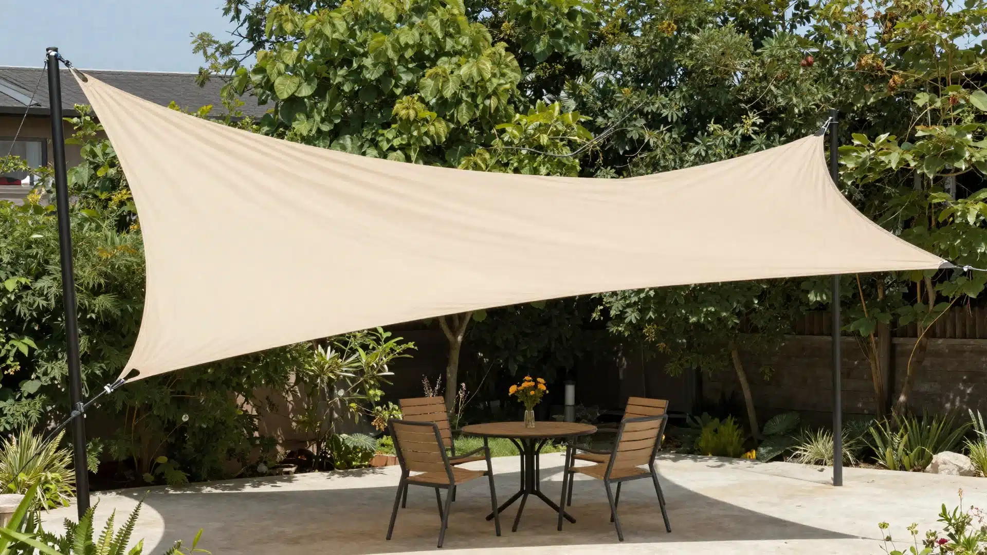 A modern, triangular fabric shade sail stretched over a patio area, providing cool protection from direct sunlight