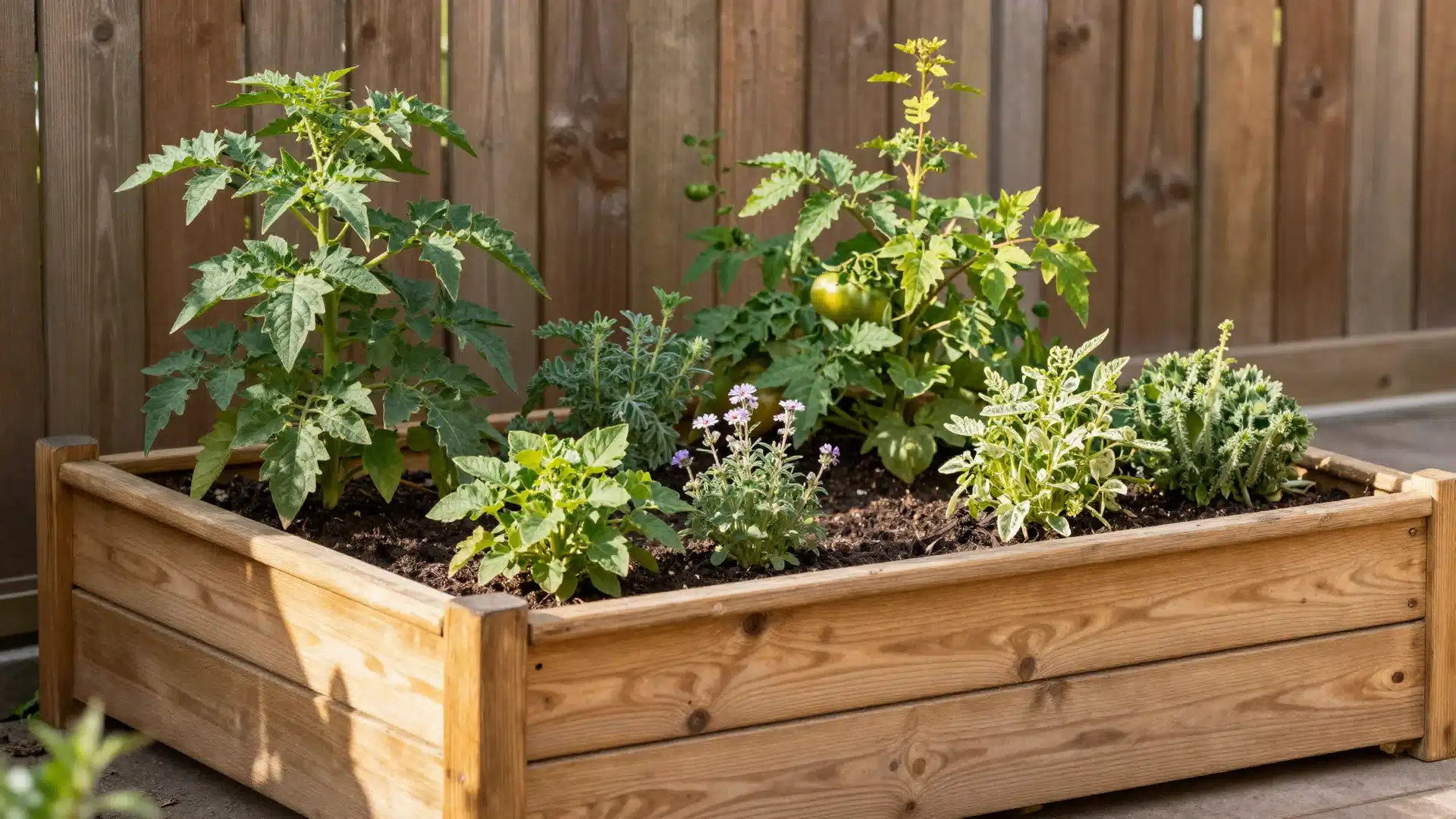 A neatly constructed wooden raised garden bed filled with healthy vegetable plants, positioned against a backyard fence.