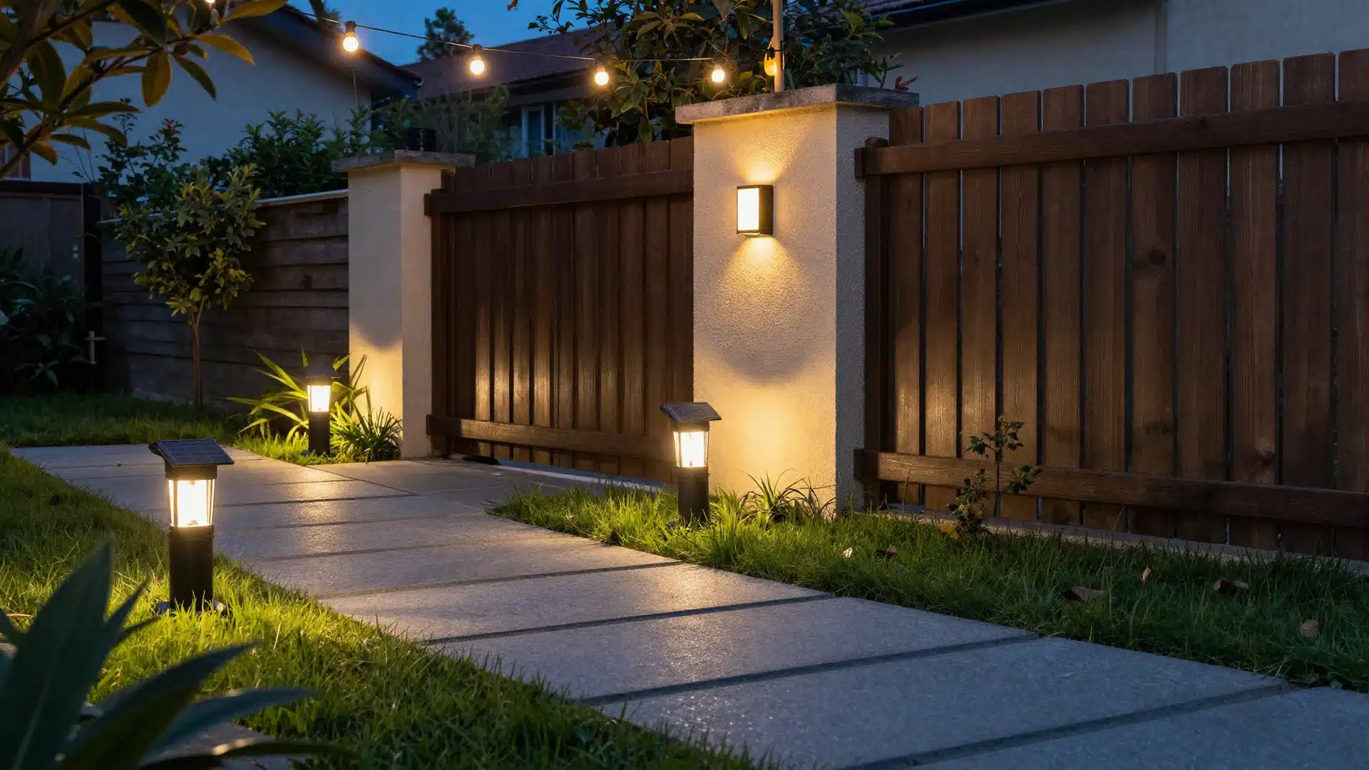 A pathway illuminated by subtle, solar-powered LED lights that highlight garden borders and improve evening safety.