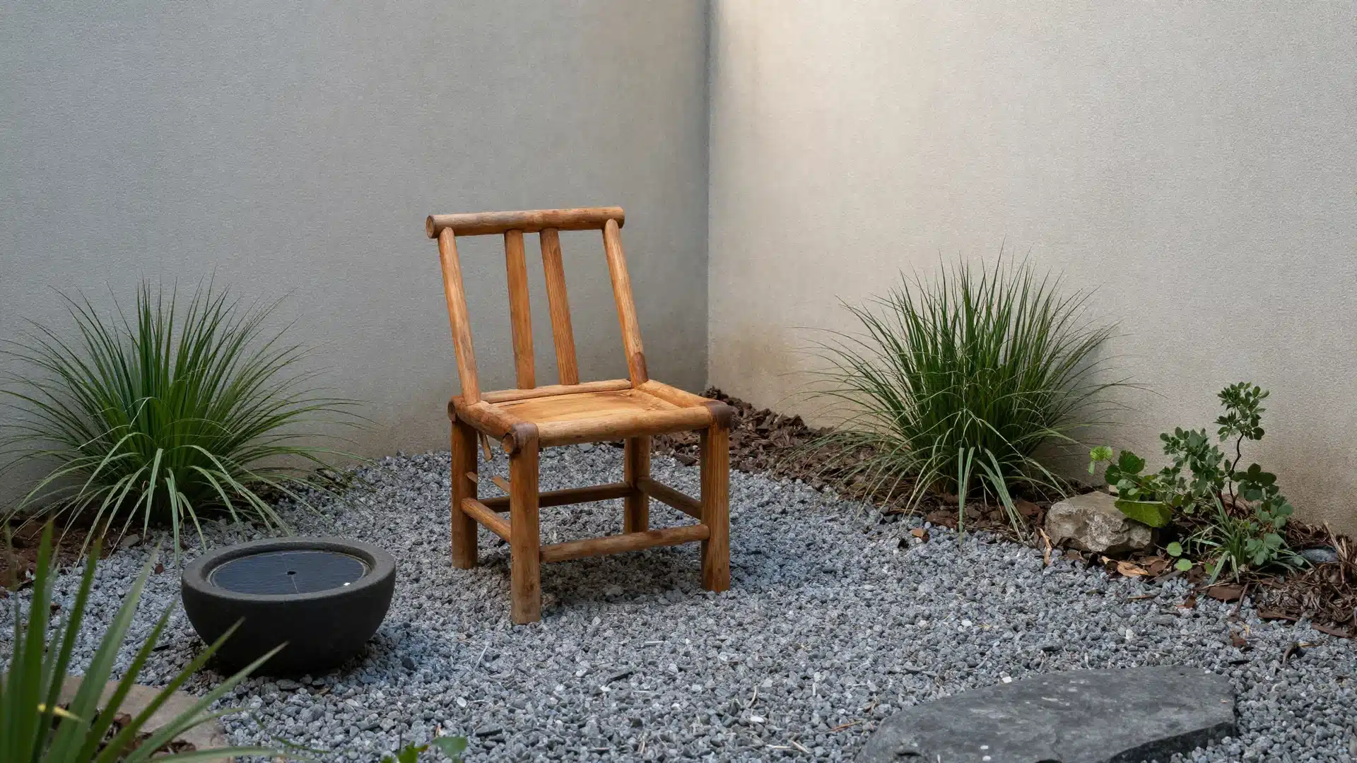 A peaceful Zen meditation corner with a single chair, a small water feature, and raked gravel in a quiet backyard spot.