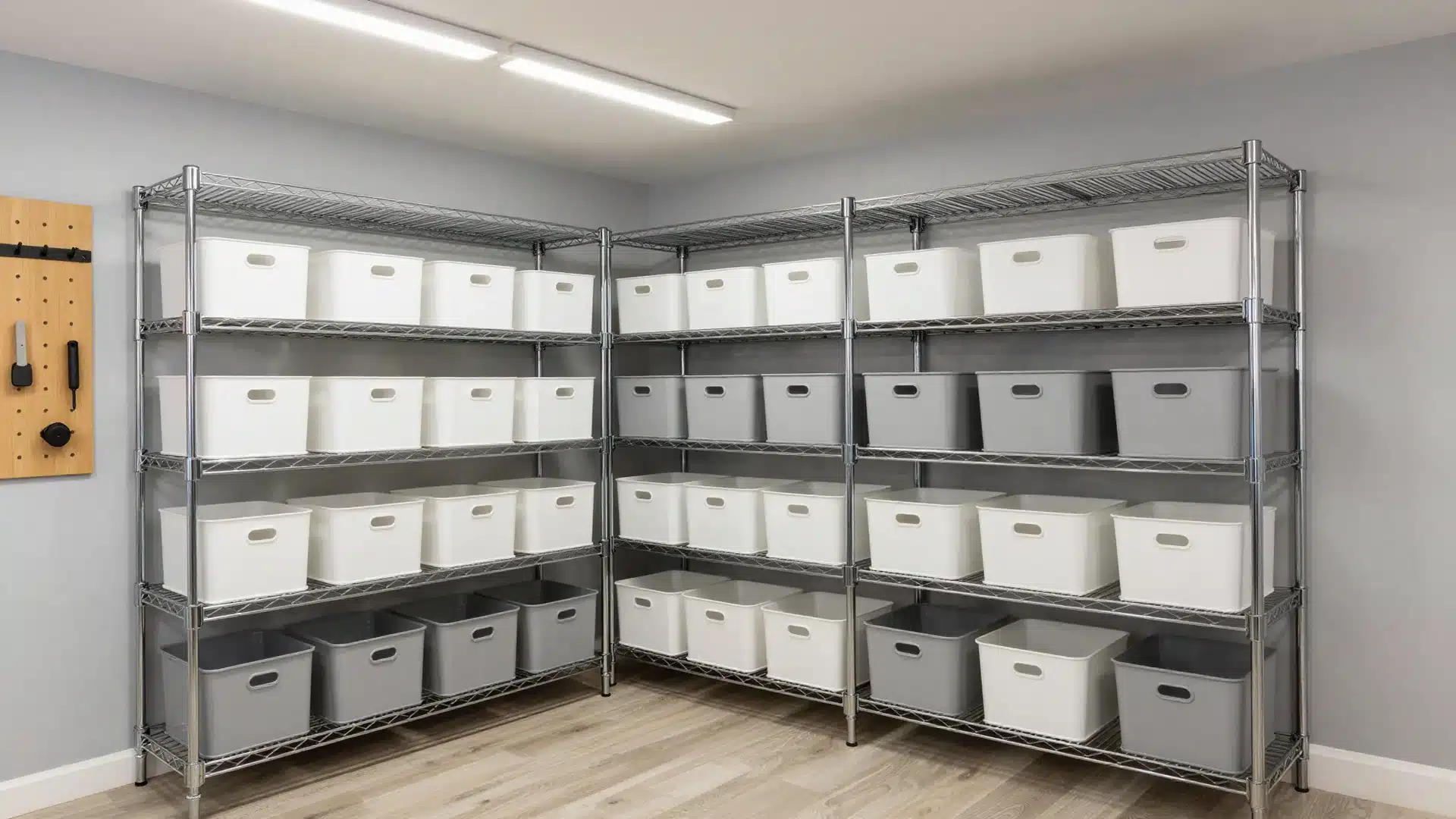 A perfectly organized storage area featuring floor-to-ceiling metal shelving units, labeled bins, and bright LED lighting