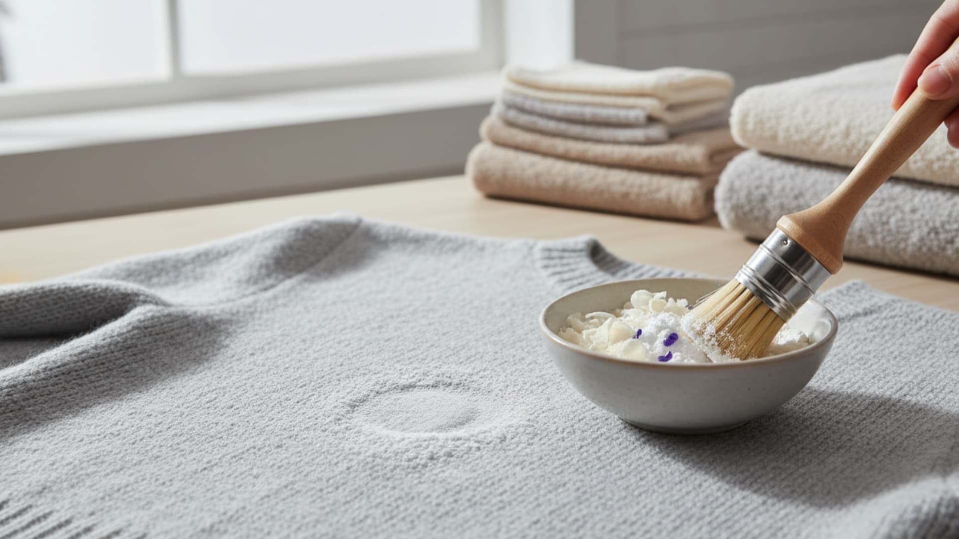 A person is using a brush to apply a dry powder stain remover onto a grey sweater with a visible stain on it, with a bowl of the powder nearby.