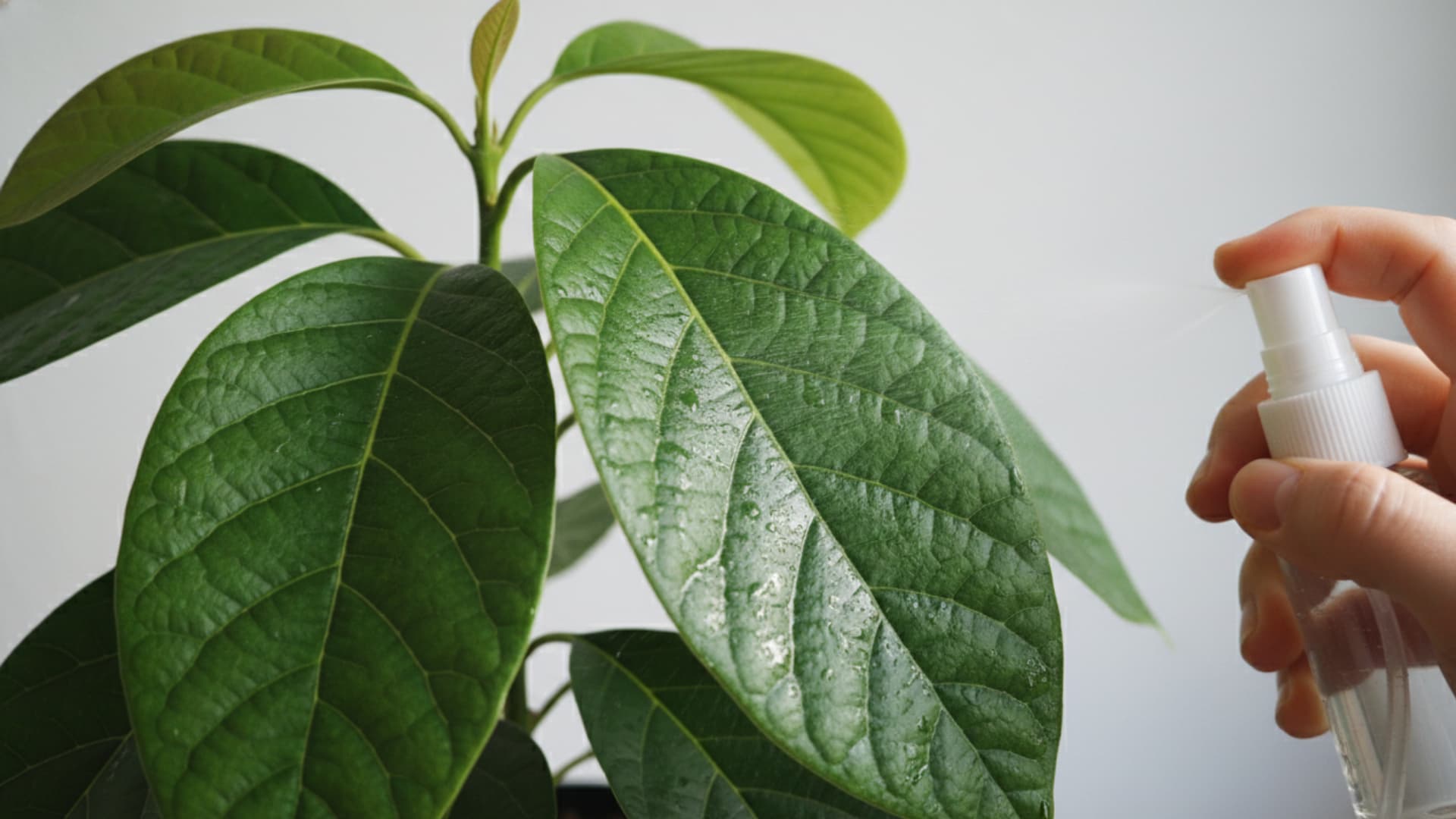 A person sprays water on the leaves of a young avocado plant to care for it, ensuring it gets the necessary humidity for growth.