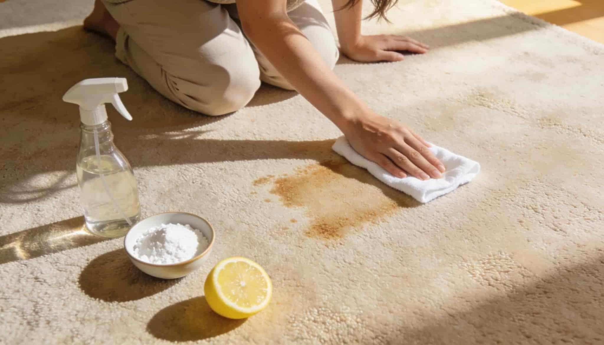 A person uses a clean white cloth to blot a fresh spill on a light-colored carpet, with a spray bottle and a bowl of baking soda nearby.