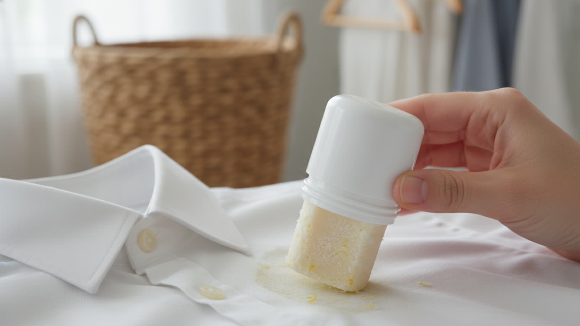 A person uses a stick stain remover on a white shirt, applying it to a visible stain on the fabric. A woven basket is in the background.