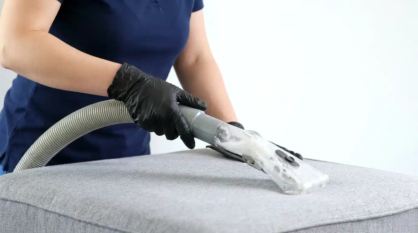 A person wearing gloves uses an upholstery cleaner to deep clean a cushion or pillow surface.