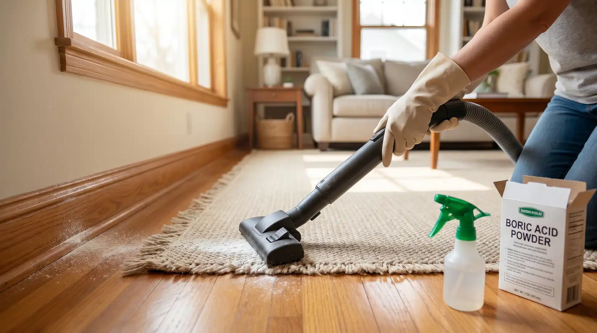 A person wearing gloves vacuums a carpeted floor, while a spray bottle and a box of boric acid powder sit nearby, representing carpet beetle treatment steps.